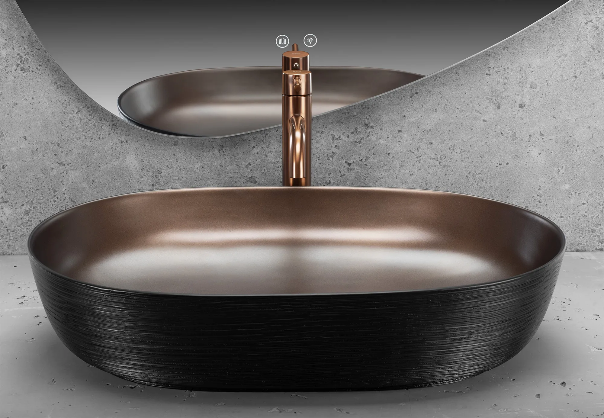 Lavoar baie pe blat formă ovală lungime 60 cm finisaj cupru periat și negru model Cleo Copper Brush / Black [3]