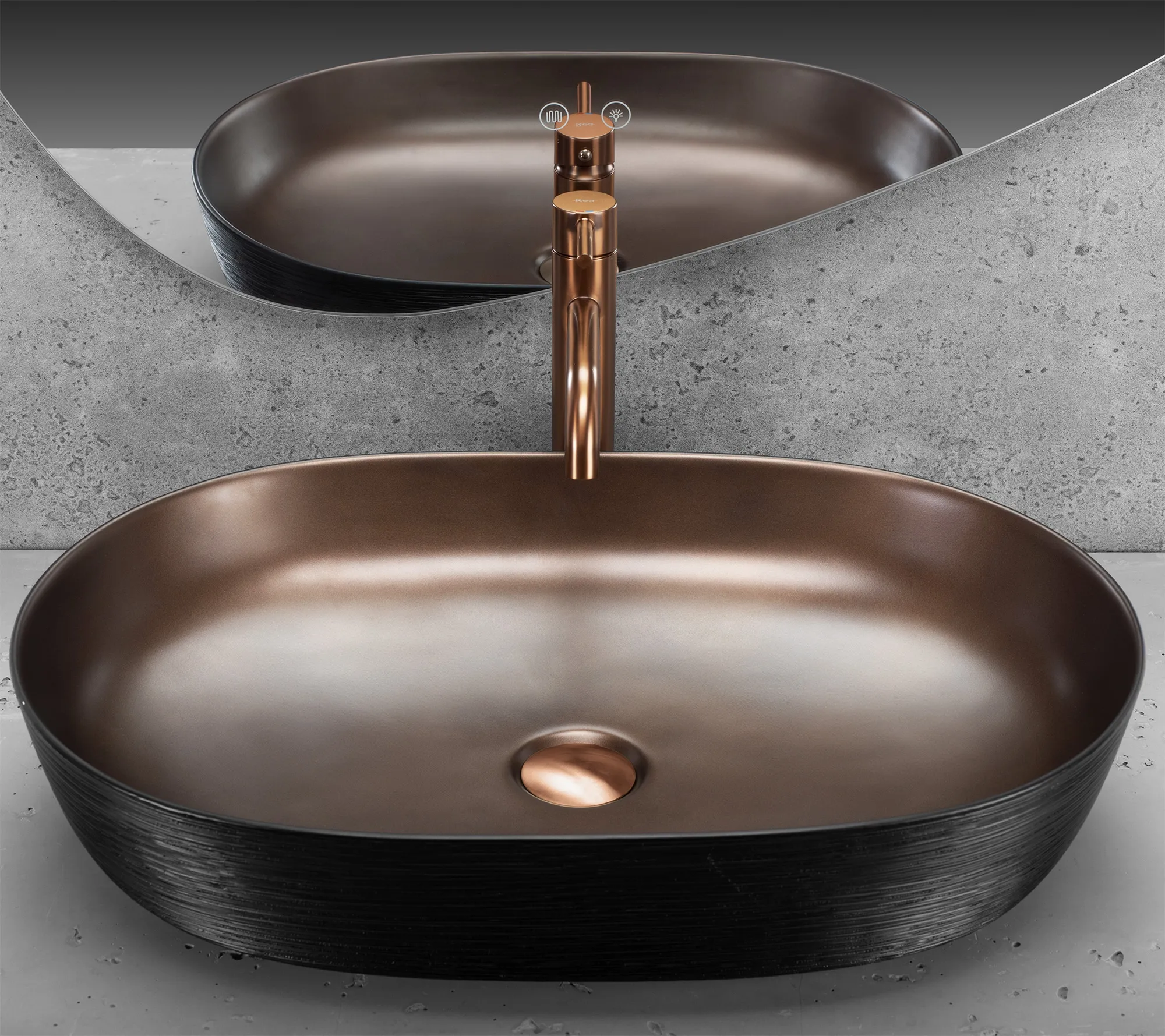 Lavoar baie pe blat formă ovală lungime 60 cm finisaj cupru periat și negru model Cleo Copper Brush / Black [4]