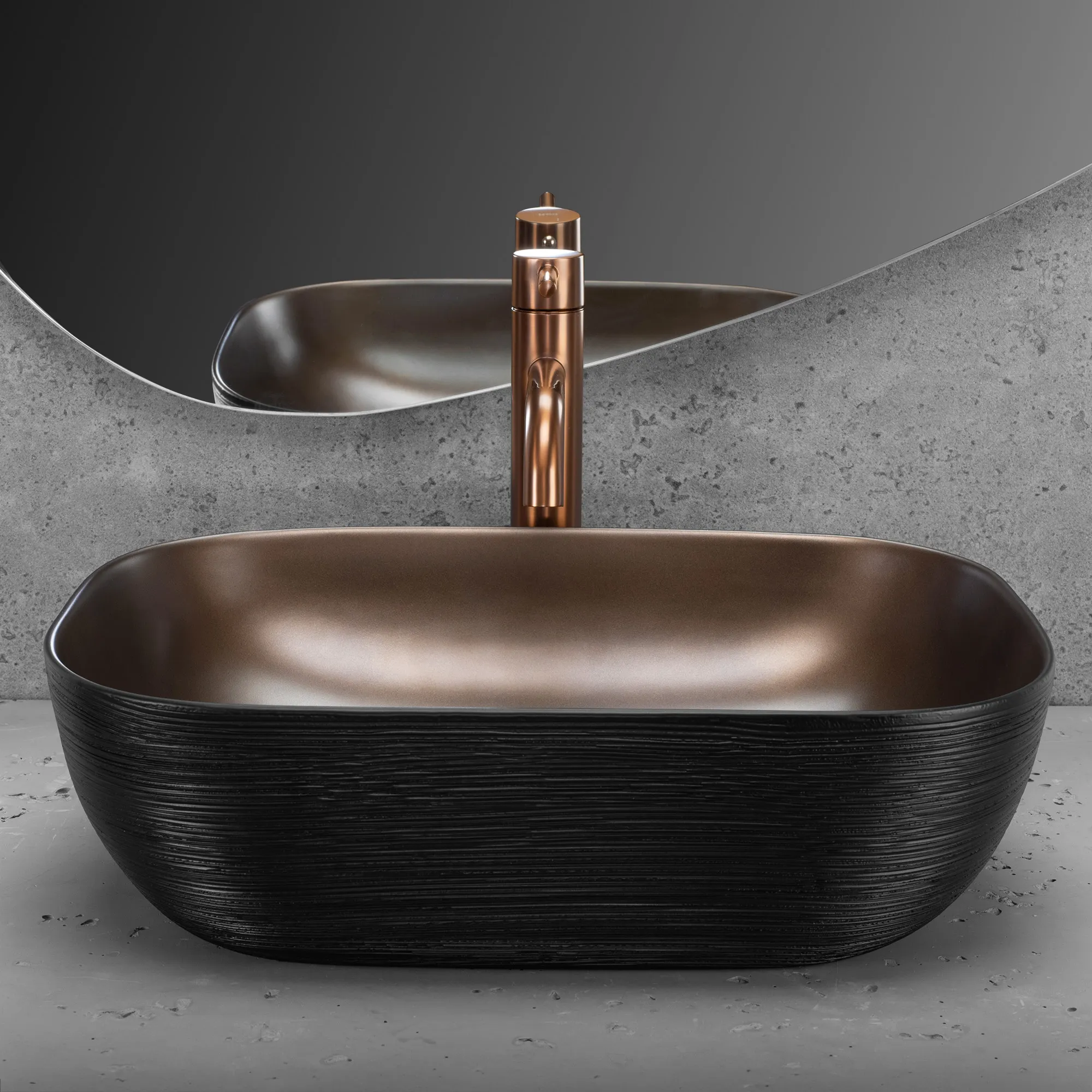 Lavoar baie pe blat formă dreptunghiulară lungime 46 cm finisaj cupru periat și negru model Belinda Copper Brush / Black [3]