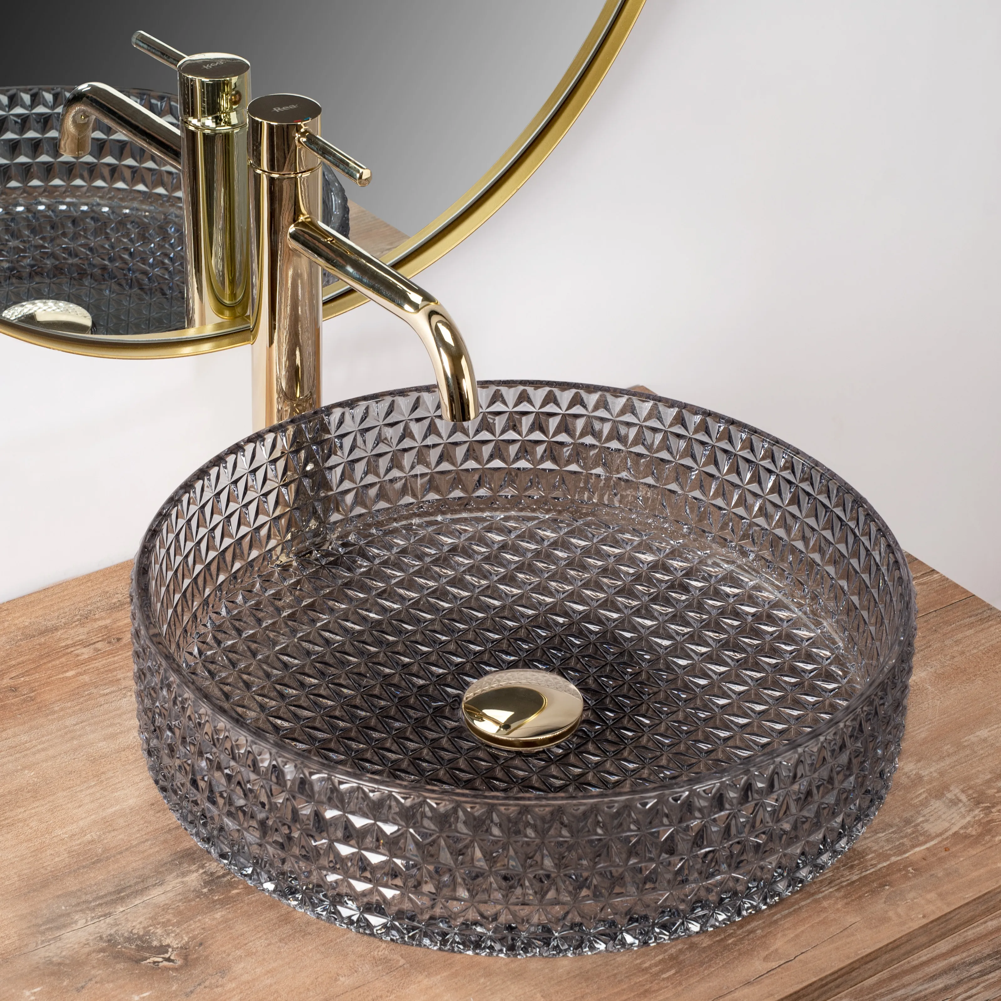 Lavoar baie pe blat formă rotundă lungime 39 cm finisaj fumuriu model Cristal Grey [4]