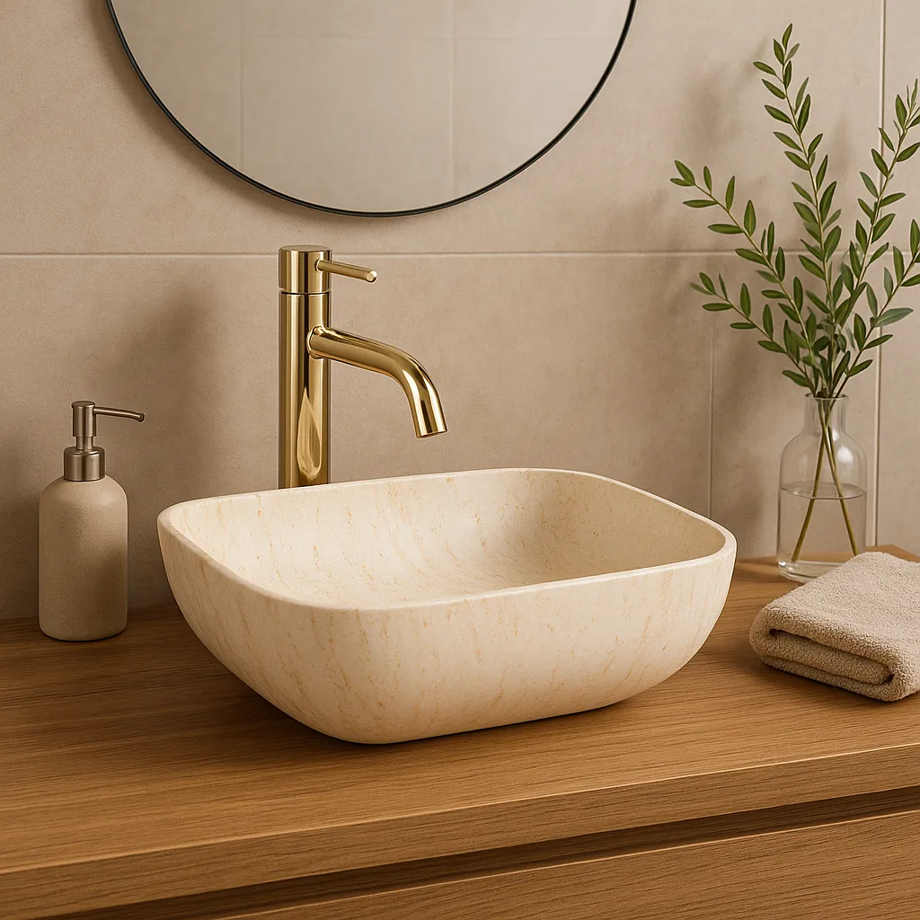 Lavoar baie pe blat lungime 51 cm finisaj imitație de piatră model Freja Travertine Matt [3]