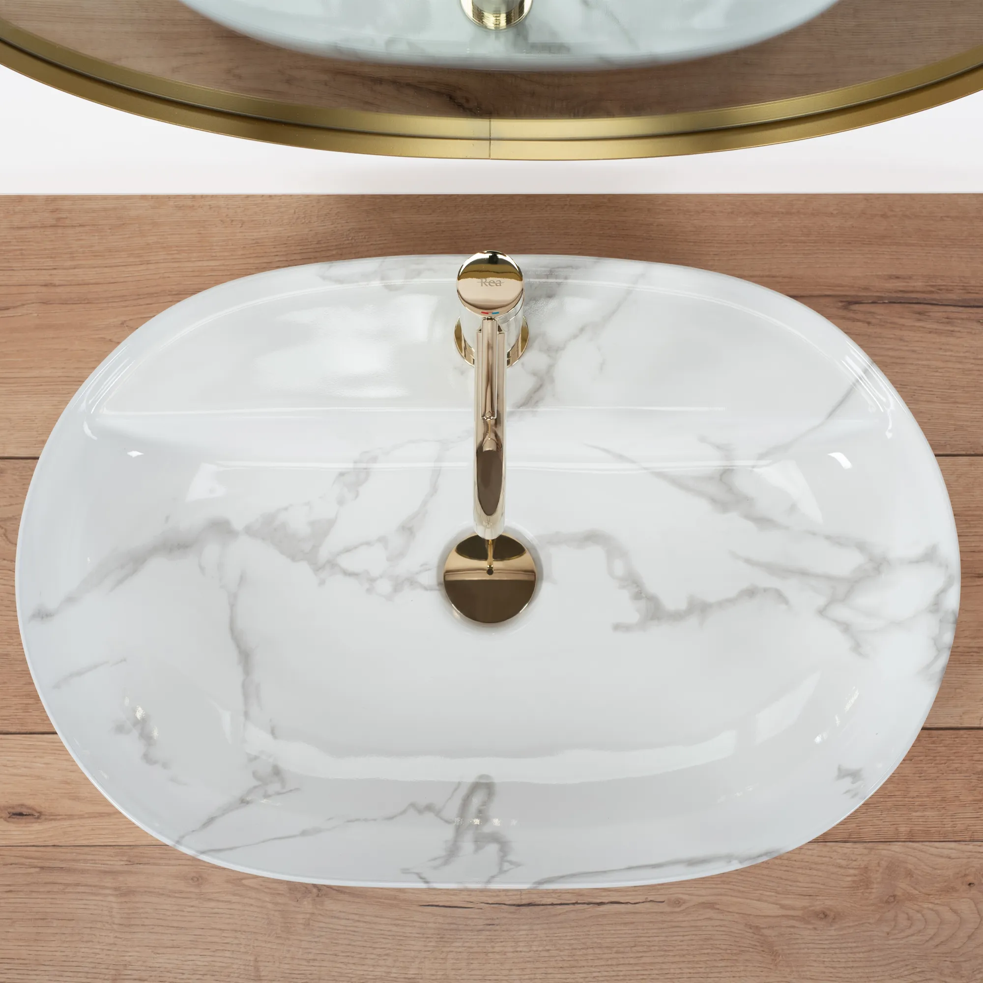 Lavoar pe blat formă semiovală lungime 61 cm culoare alb model Aura Marmo Shiny [4]