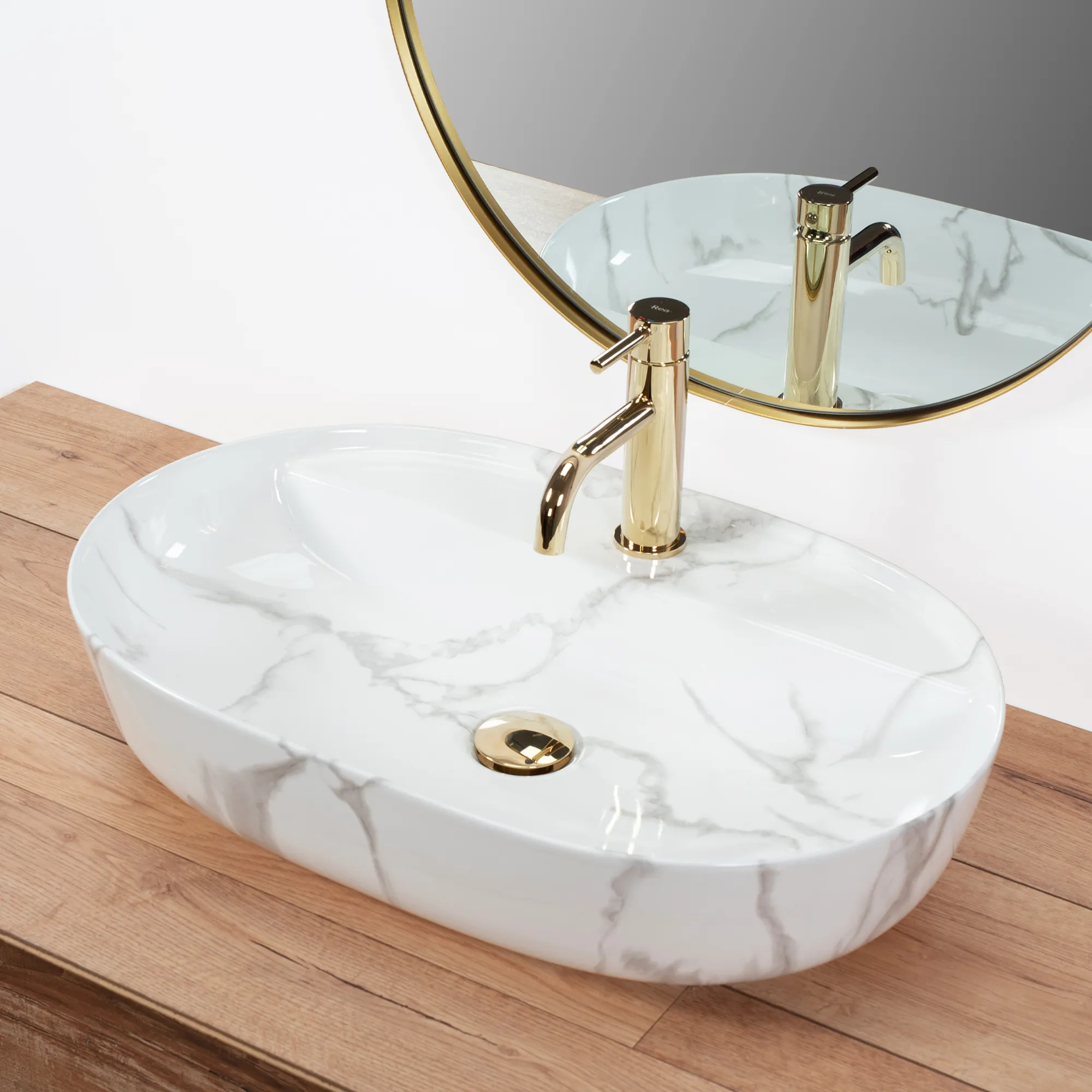 Lavoar pe blat formă semiovală lungime 61 cm culoare alb model Aura Marmo Shiny [2]
