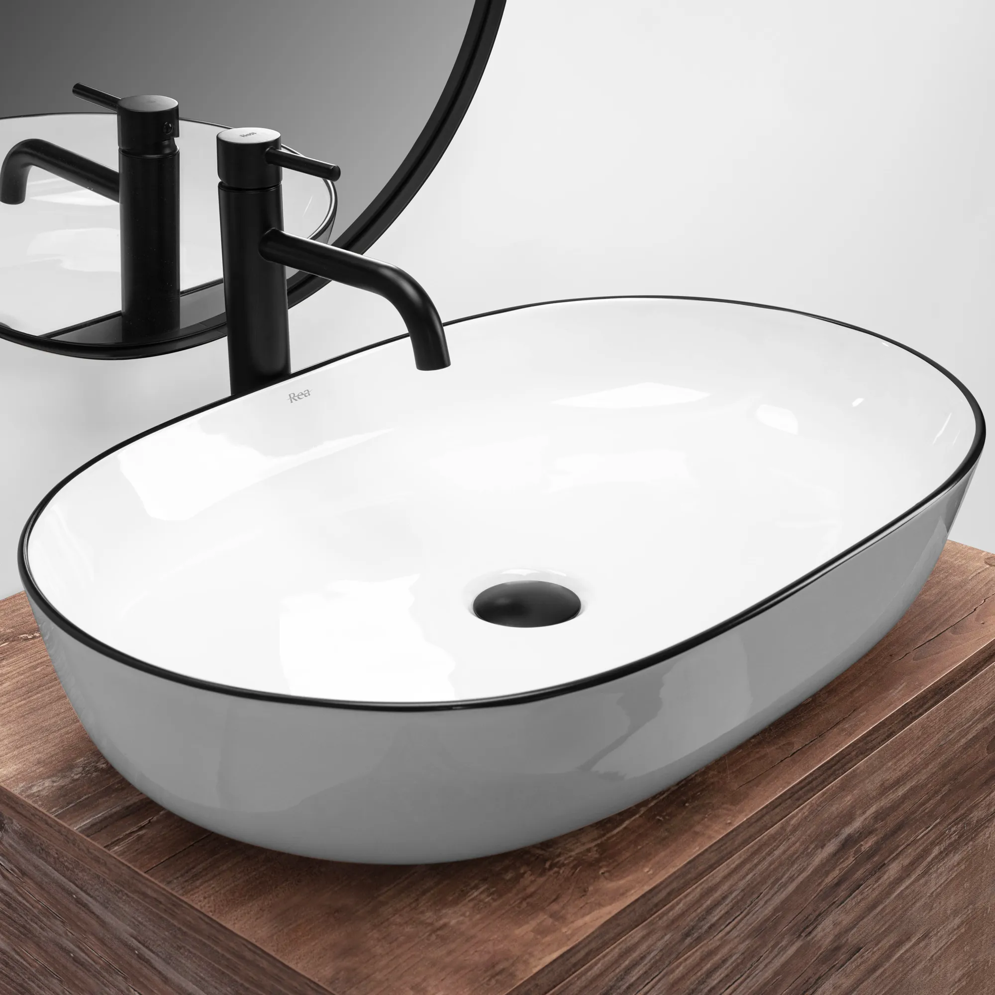 Lavoar baie pe blat formă semiovală lungime 60 cm culoare alb/negru model Cleo White Black [2]