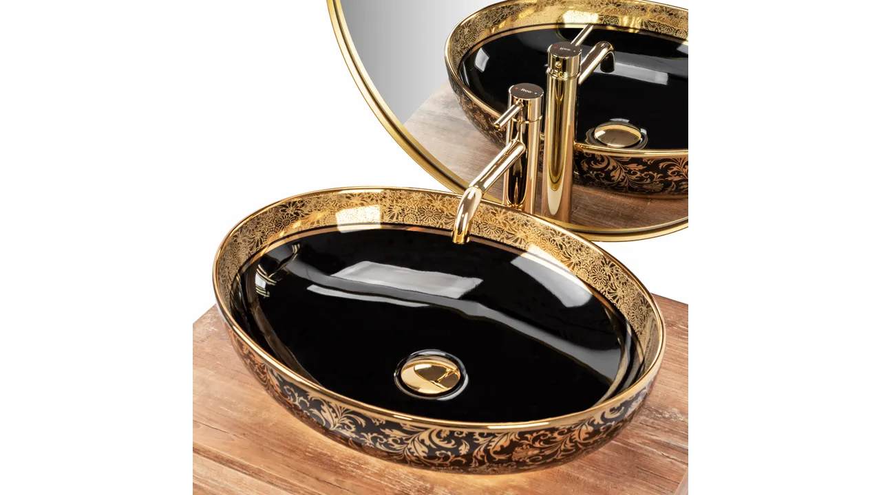 Lavoar pe blat formă ovală lungime 52 cm culoare negru/auriu model Margot Black Gold [2]