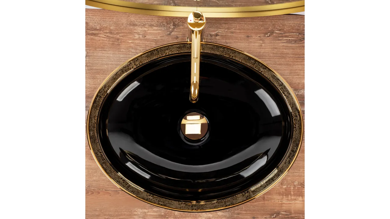 Lavoar pe blat formă ovală lungime 52 cm culoare negru/auriu model Margot Black Gold [4]