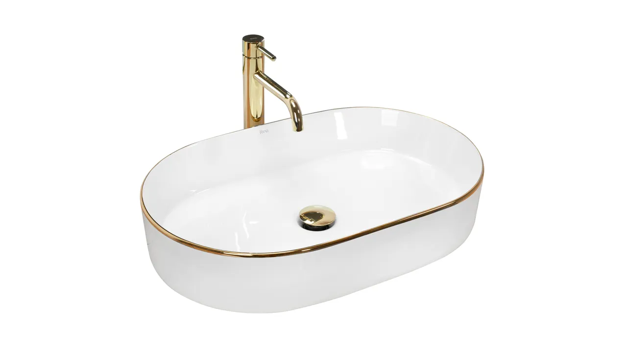 Lavoar pe blat formă semiovală lungime 61 cm culoare alb/auriu model Nadia White Gold Edge [2]