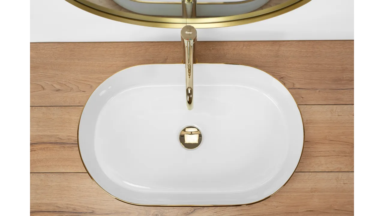 Lavoar pe blat formă semiovală lungime 61 cm culoare alb/auriu model Nadia White Gold Edge [6]