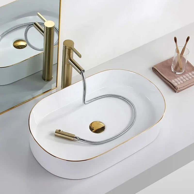 Lavoar pe blat formă semiovală lungime 61 cm culoare alb/auriu model Nadia White Gold Edge [4]