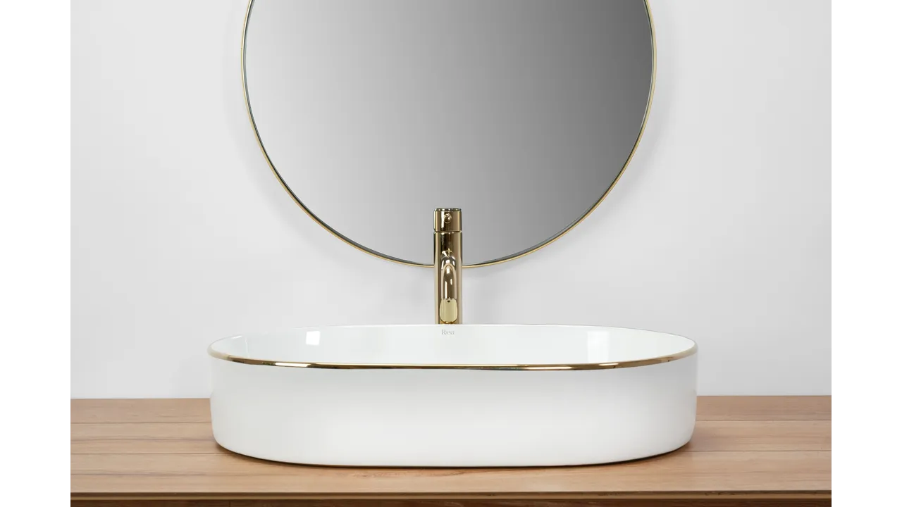 Lavoar pe blat formă semiovală lungime 61 cm culoare alb/auriu model Nadia White Gold Edge [7]