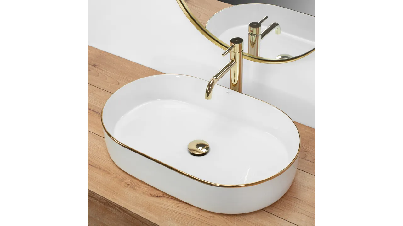 Lavoar pe blat formă semiovală lungime 61 cm culoare alb/auriu model Nadia White Gold Edge [5]
