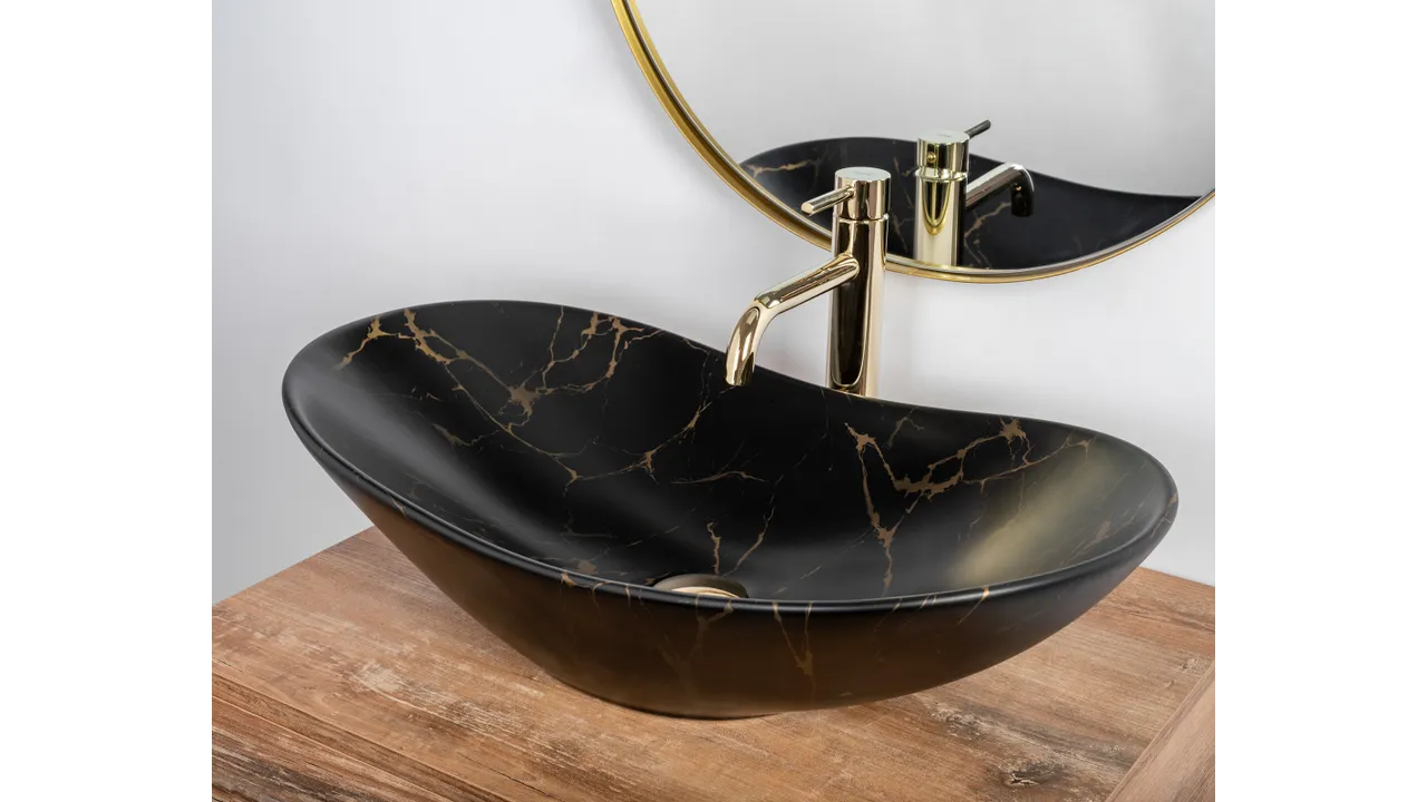 Lavoar pe blat formă semiovală lungime 61 cm culoare negru mat model Royal Marble Black Mat [4]