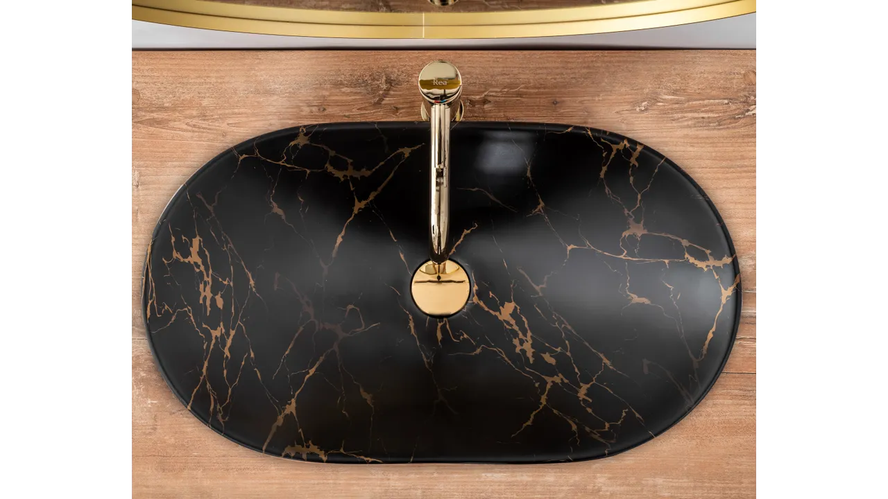 Lavoar pe blat formă semiovală lungime 61 cm culoare negru mat model Royal Marble Black Mat [5]