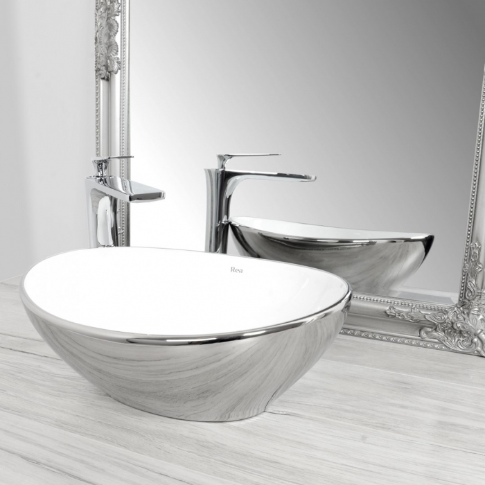 Lavoar baie pe blat formă ovală lungime 41 cm culoare crom/alb model Sofia Silver White [2]