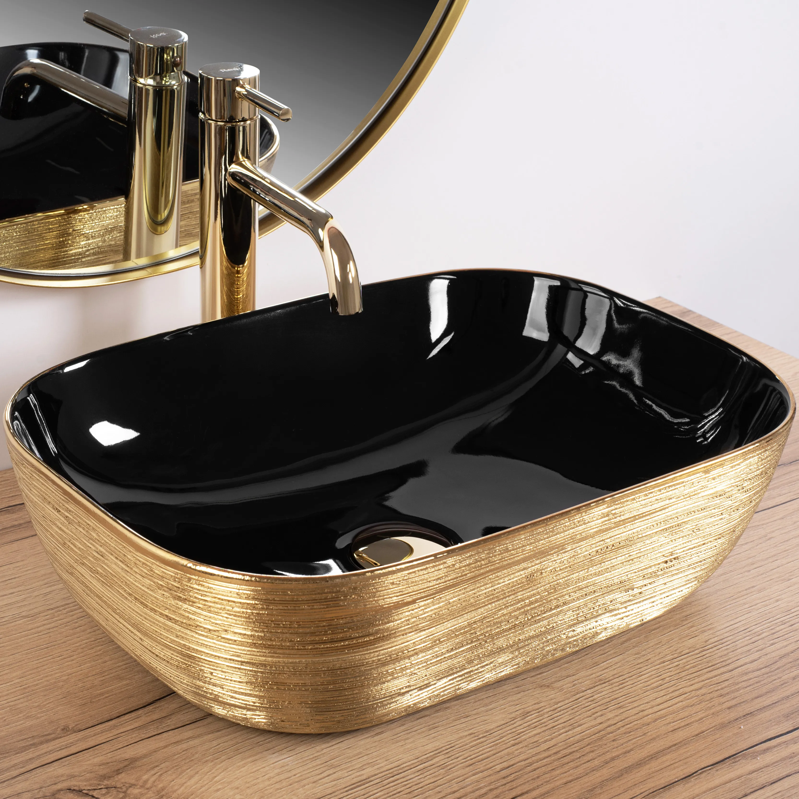 Lavoar baie pe blat formă dreptunghiulară lungime 46 cm culoare negru/auriu model Belind Black Gold Brushed [2]