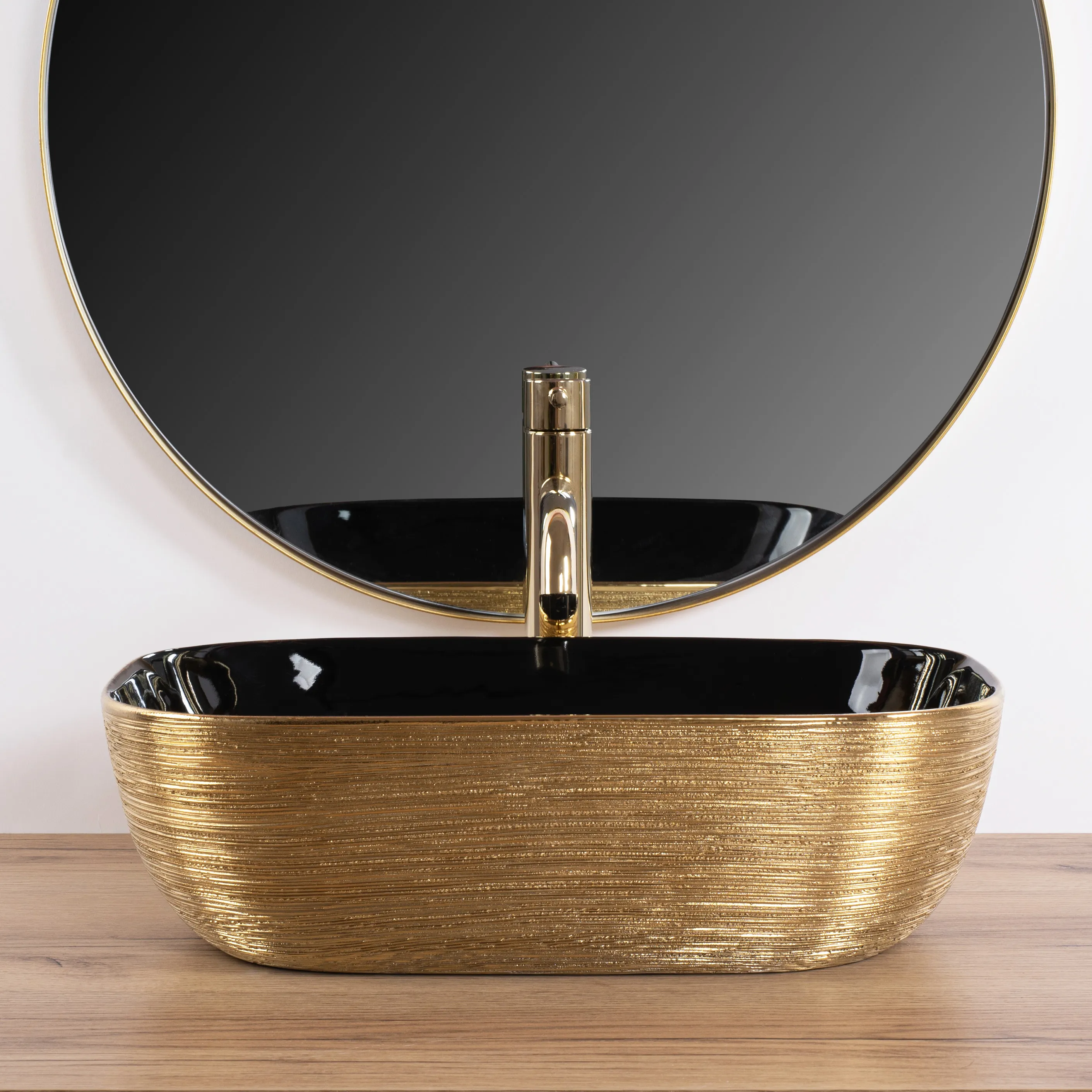 Lavoar baie pe blat formă dreptunghiulară lungime 46 cm culoare negru/auriu model Belind Black Gold Brushed [3]
