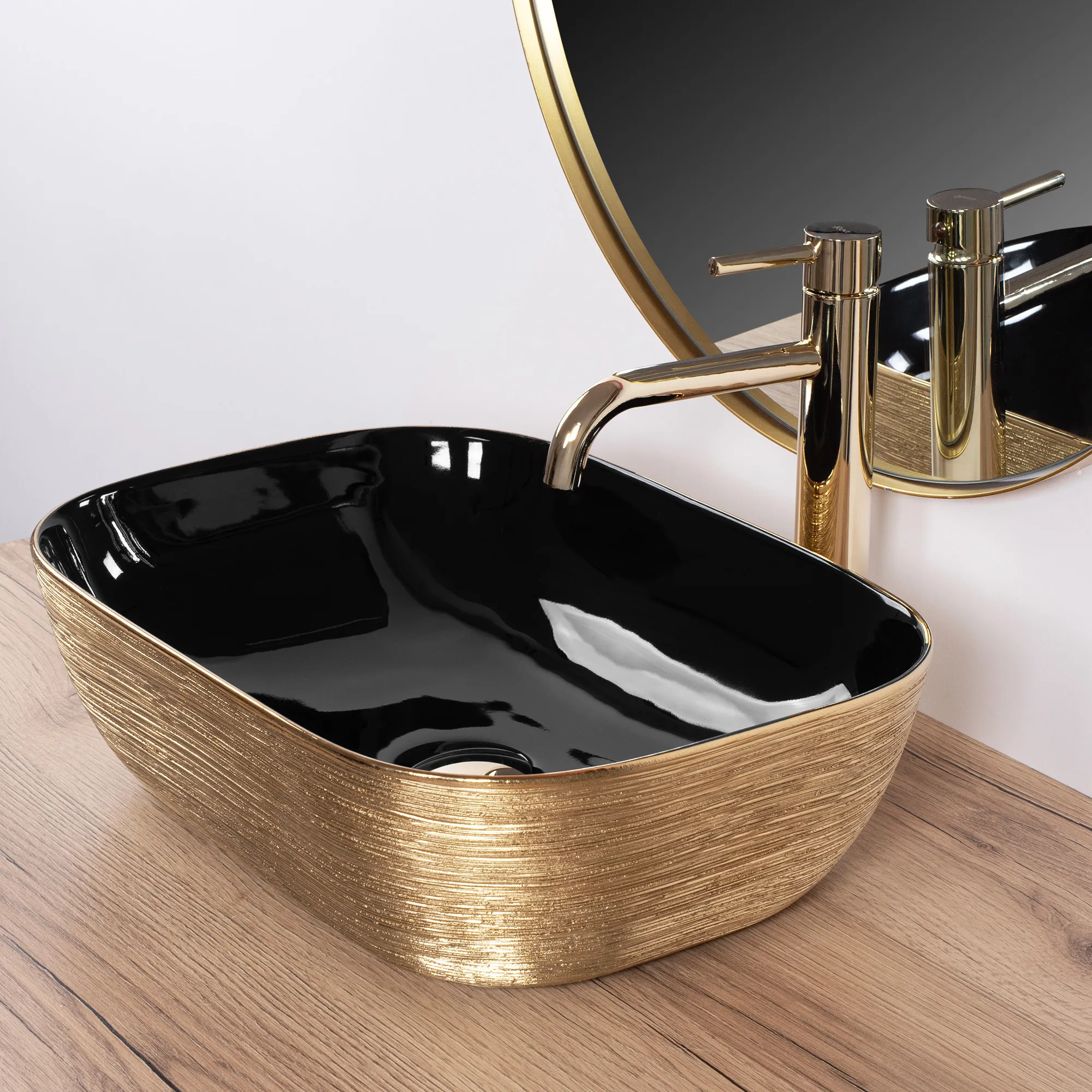 Lavoar baie pe blat formă dreptunghiulară lungime 46 cm culoare negru/auriu model Belind Black Gold Brushed [4]
