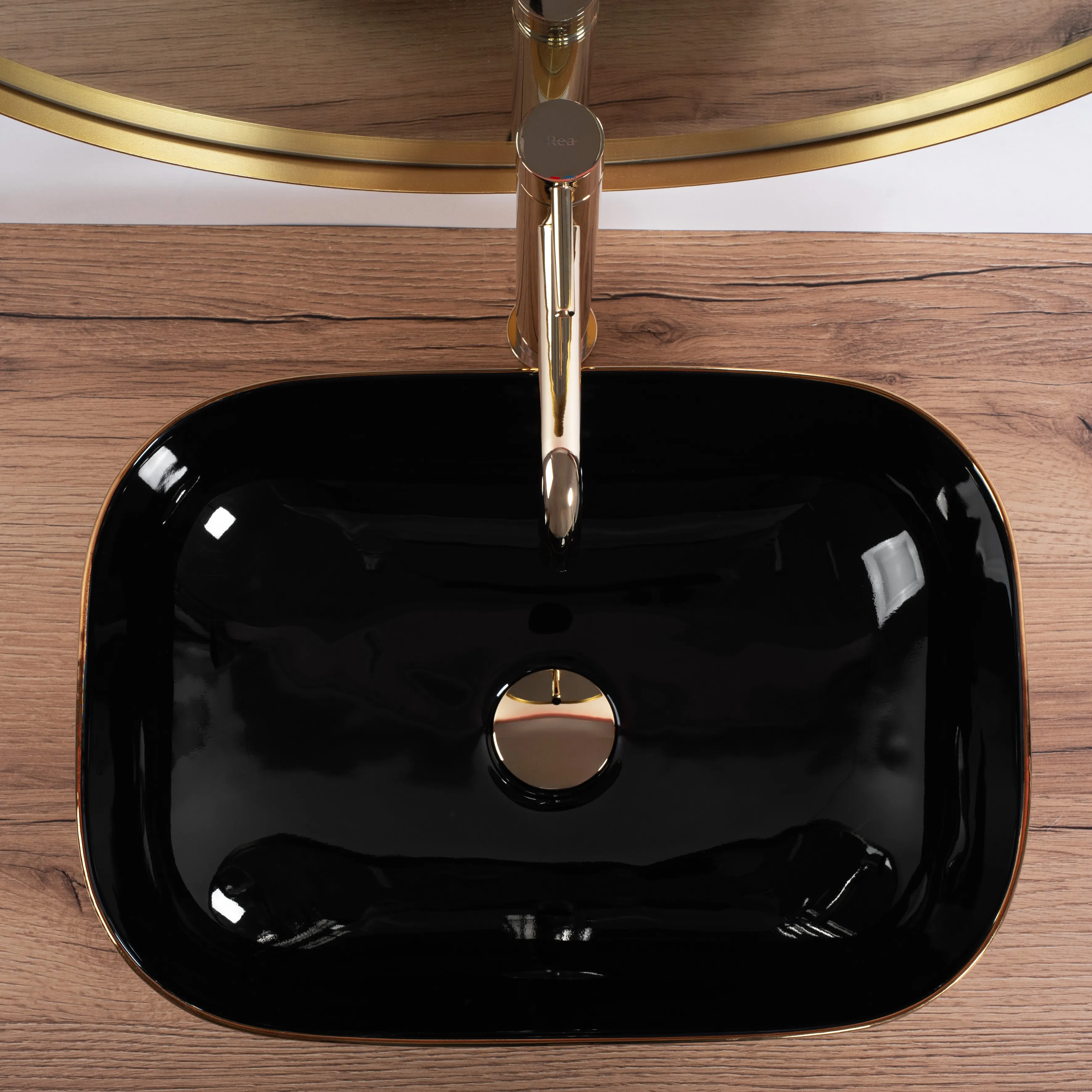 Lavoar baie pe blat formă dreptunghiulară lungime 46 cm culoare negru/auriu model Belind Black Gold Brushed [5]