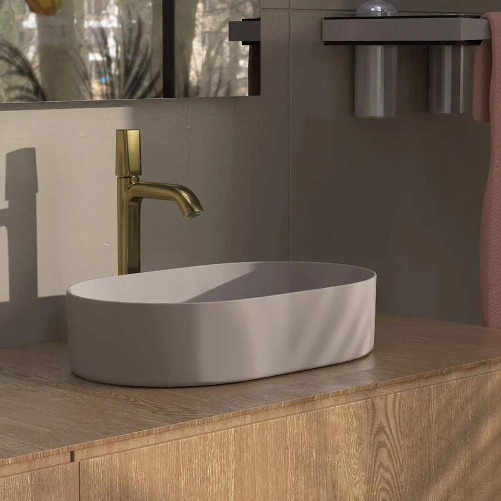 Lavoar baie pe blat formă semiovală lungime 61 cm culoare crem mat model Nadia Beige Mat [4]