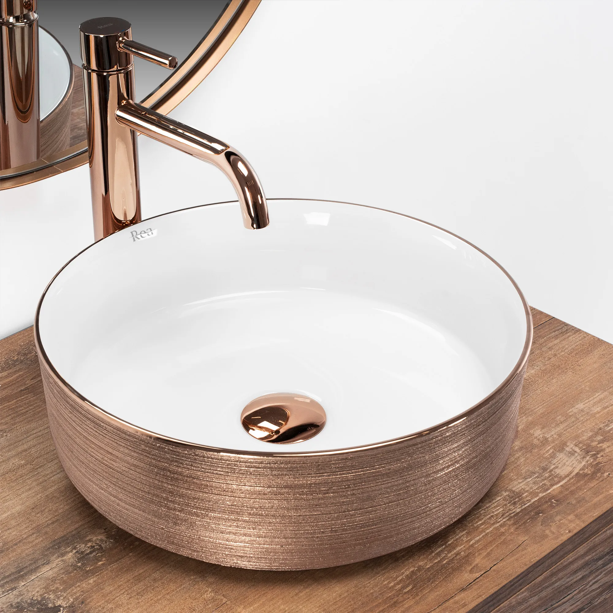 Lavoar pe blat formă rotundă lungime 36 cm culoare roz auriu/alb model Sami Brushed Rose Gold [4]
