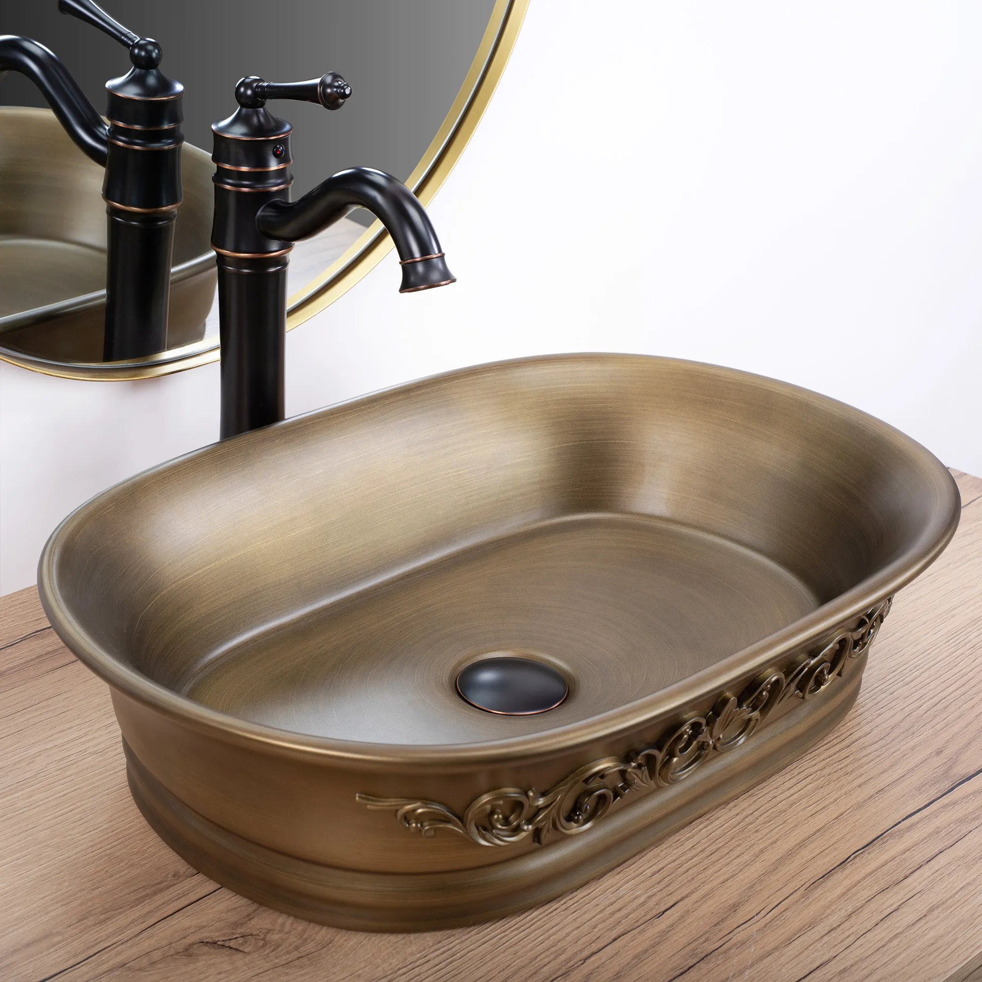 Lavoar baie pe blat formă semiovală lungime 55 cm finisaj cupru periat model Wilma Rustic [3]