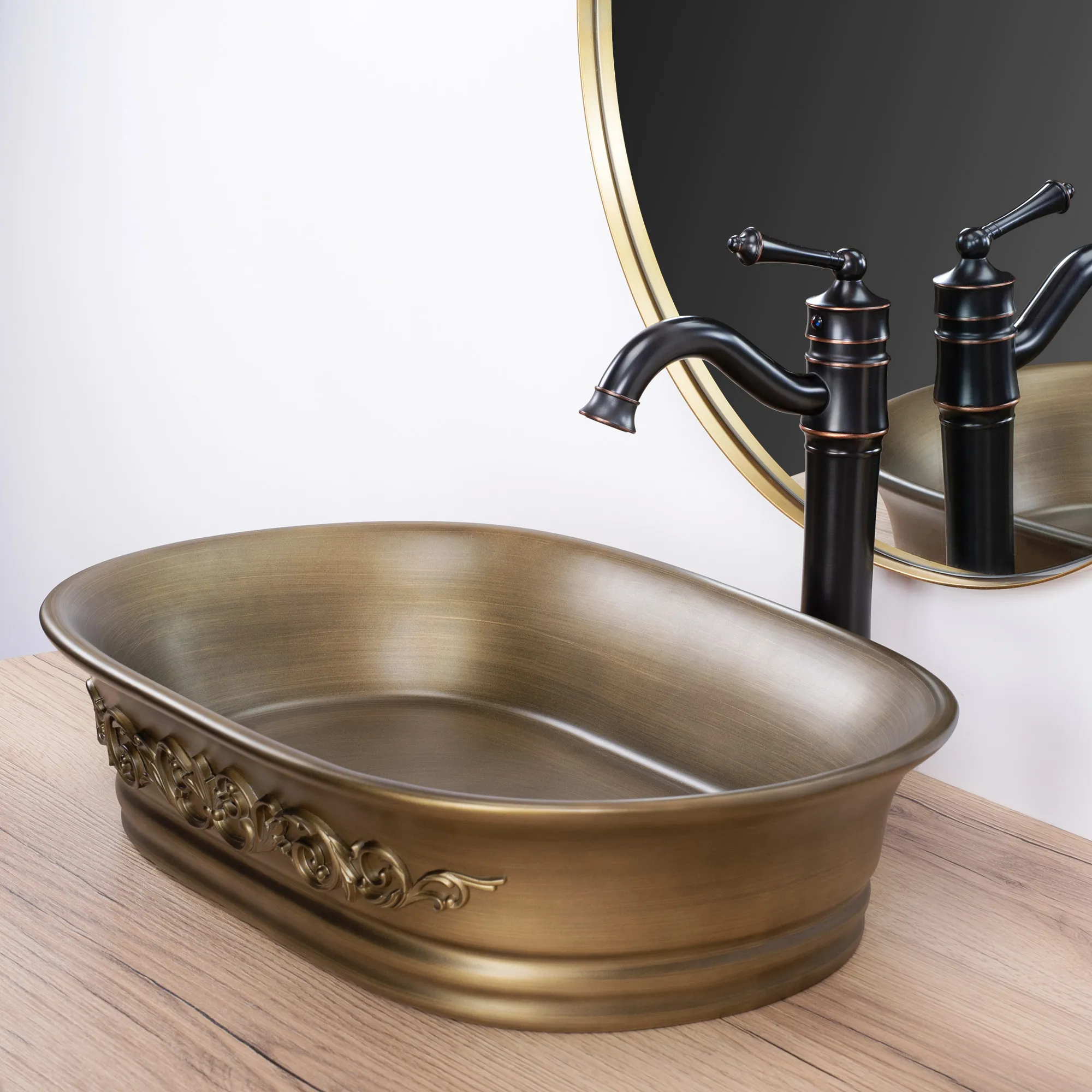 Lavoar baie pe blat formă semiovală lungime 55 cm finisaj cupru periat model Wilma Rustic [2]