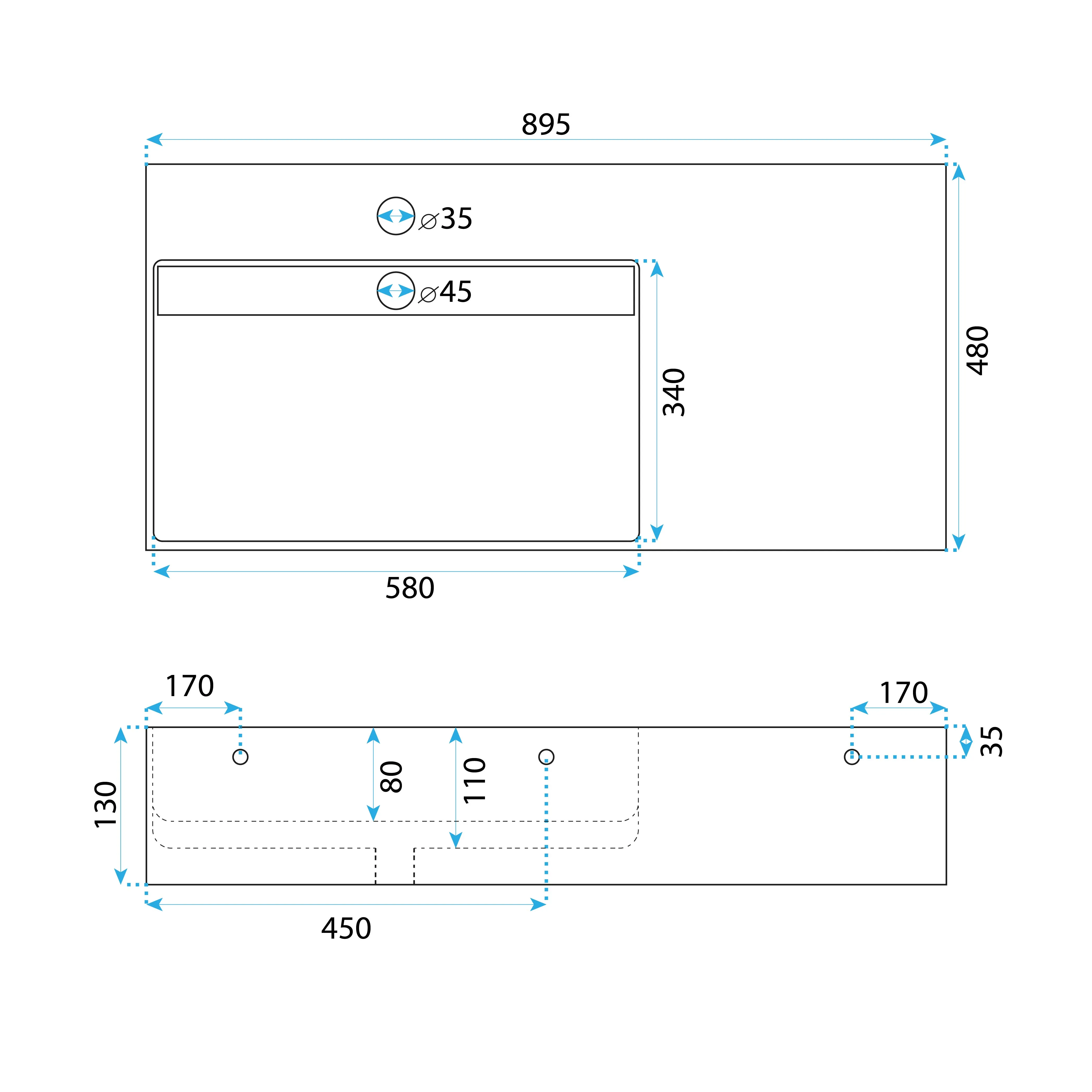 Lavoar pe blat formă dreptunghiulară lungime 90 cm culoare gri mat model Archi Grey Mat [7]
