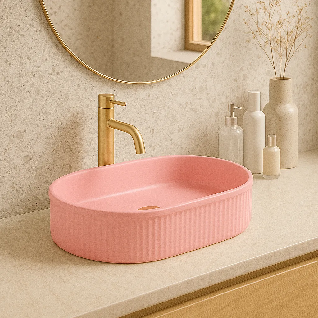 Lavoar pe blat formă semiovală lungime 50 cm culoare roz mat model Vanda Bubble Gum [3]