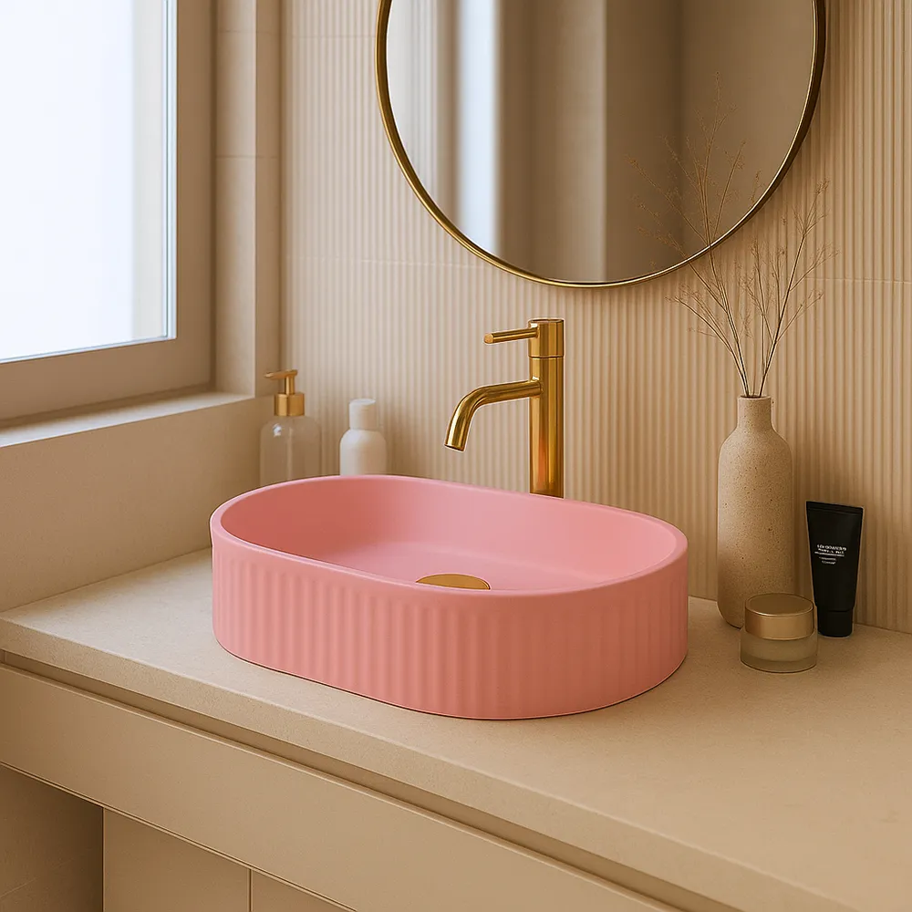 Lavoar pe blat formă semiovală lungime 50 cm culoare roz mat model Vanda Bubble Gum [2]