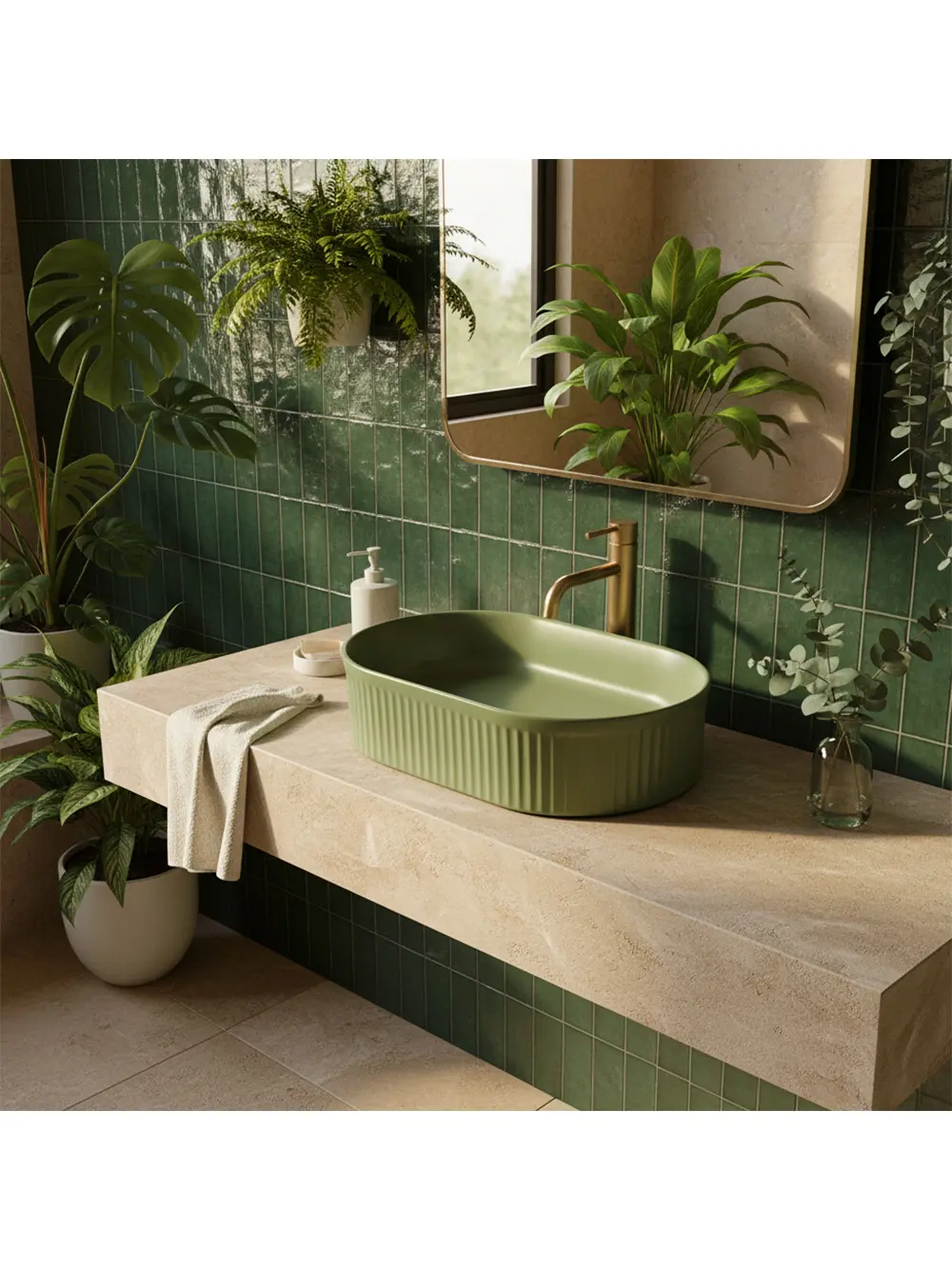 Lavoar pe blat formă semiovală lungime 49 cm culoare verde mat model Vanda Pistachio Matt [4]