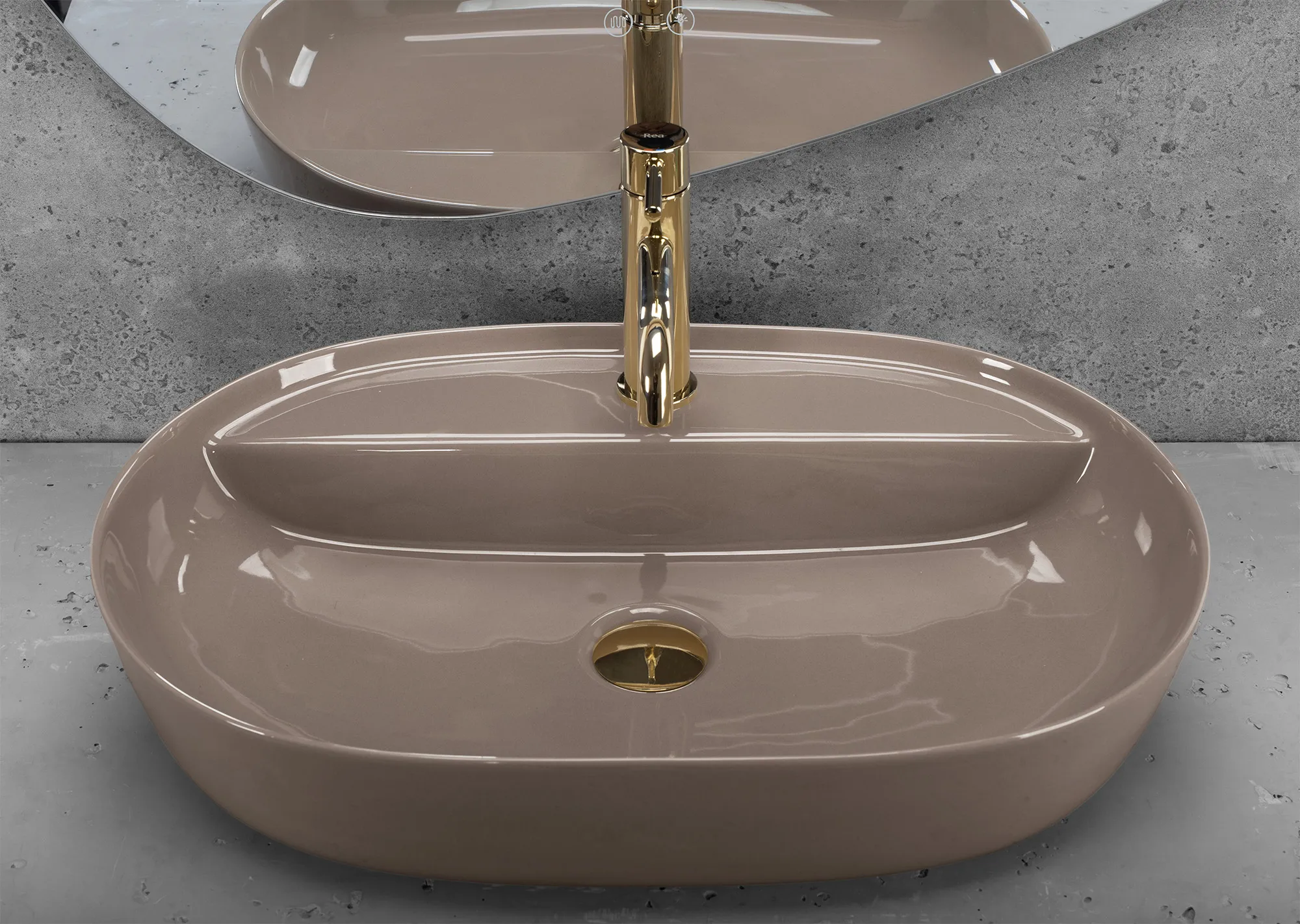 Lavoar pe blat formă semiovală lungime 61 cm finisaj crem model Aura Beige Shiny [4]