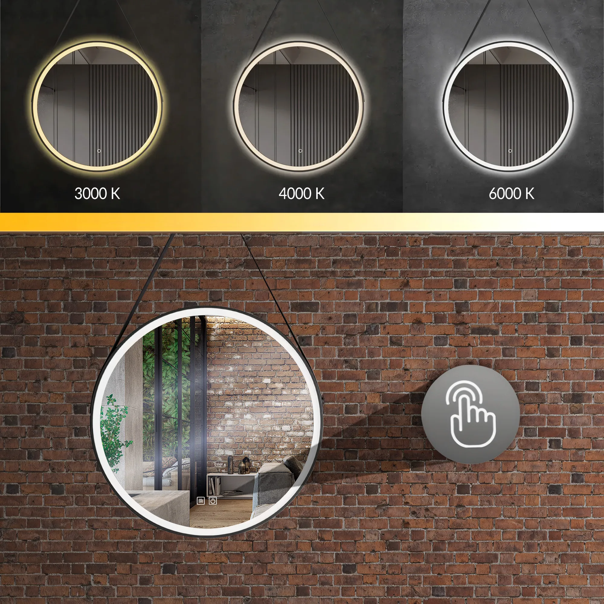 Oglindă LED suspendată pe curea și funcție de dezaburire formă rotundă culoare negru mat mărime 70 cm model Black Matt [6]