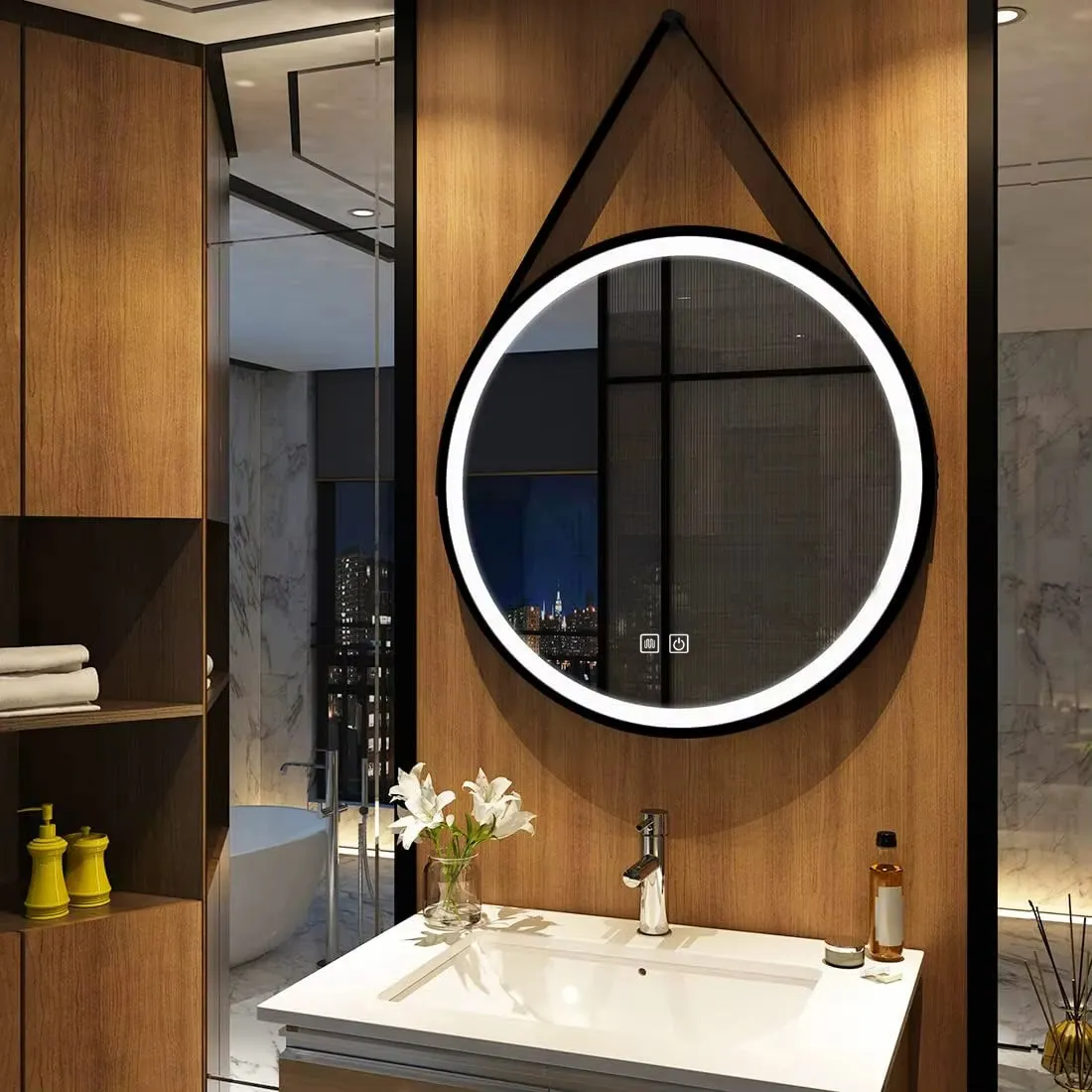 Oglindă LED suspendată pe curea și funcție de dezaburire formă rotundă culoare negru mat mărime 70 cm model Black Matt [2]
