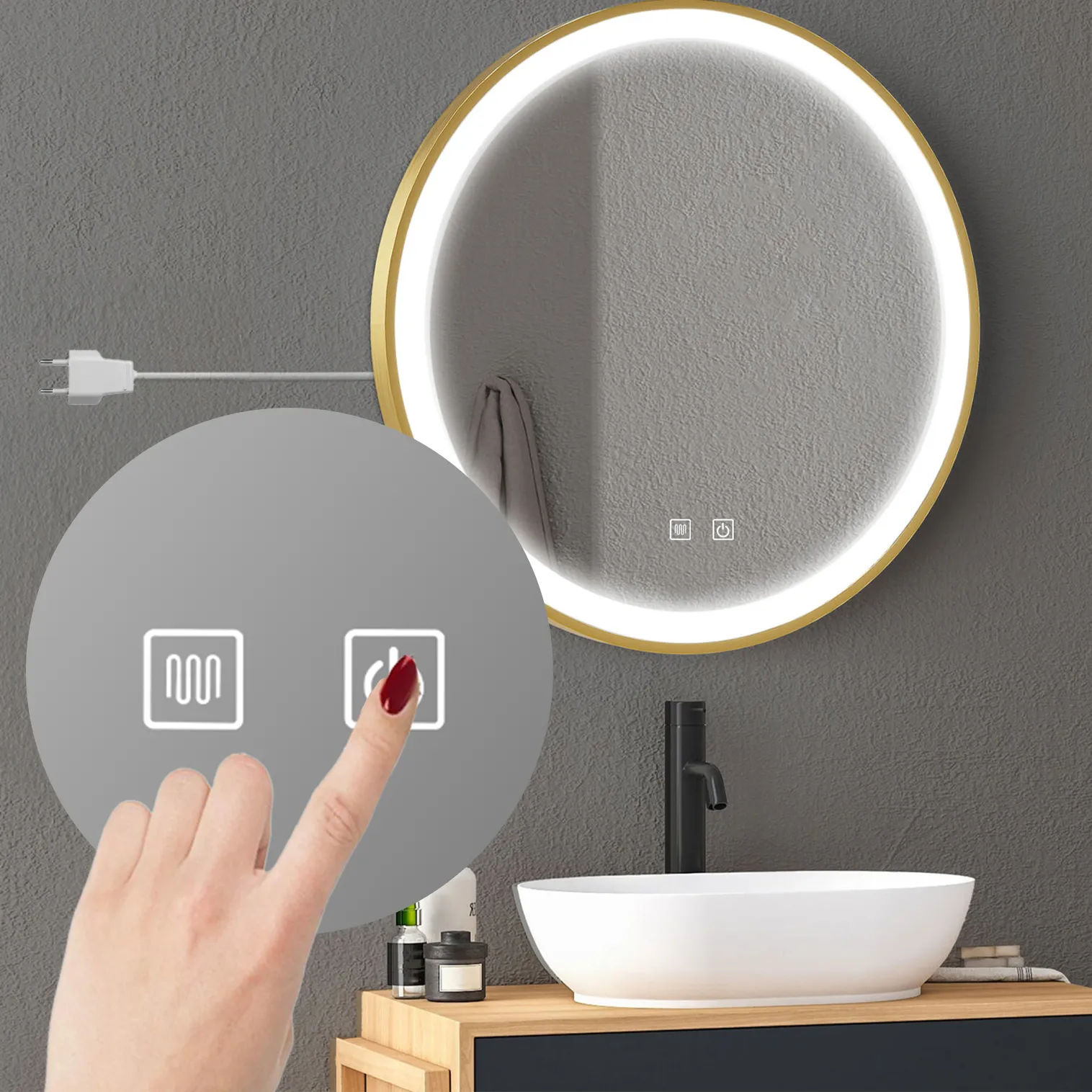 Oglindă cu LED și funcție de dezaburire formă rotundă culoare aurie mărime 50 cm model MMJ [3]