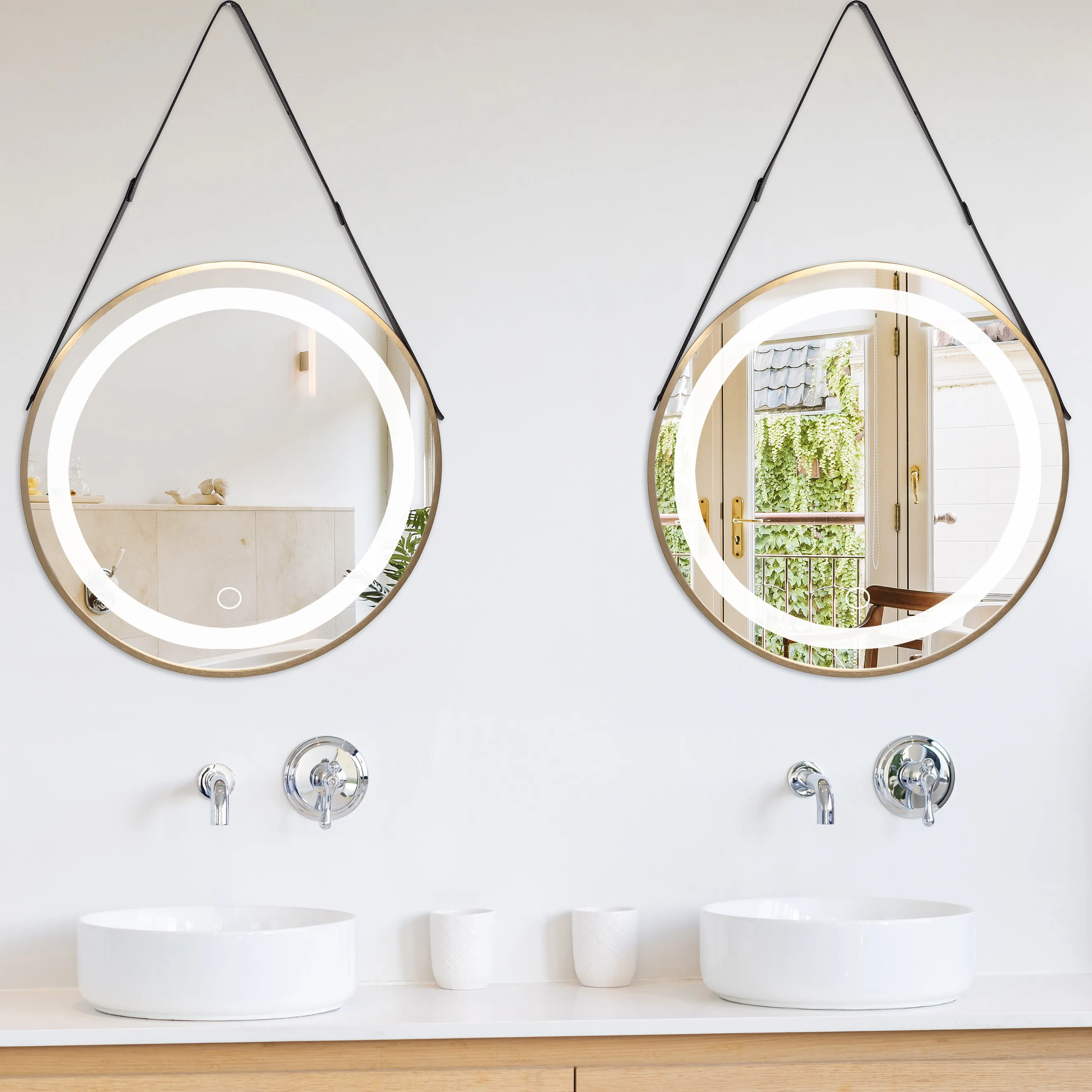 Oglindă LED suspendată pe curea mărime 70 cm culoare auriu periat formă rotundă model Contemporan Brushed Gold [3]