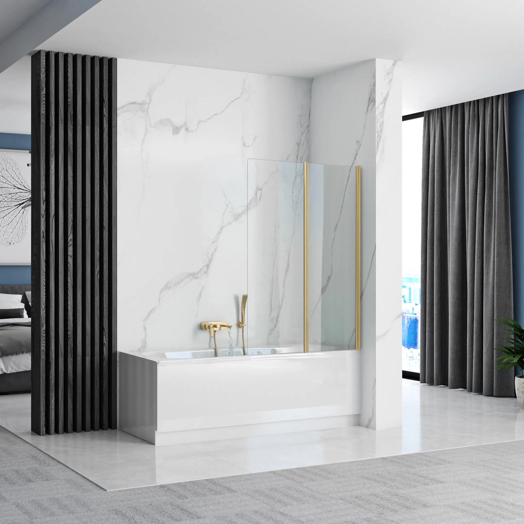 Paravan pliabil pentru cadă sticlă transparentă securizată profil auriu periat mărime 100x140 cm model Agat [2]
