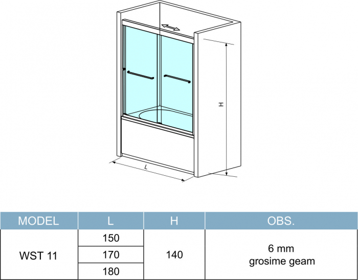 Paravan culisant pentru cadă sticlă transparentă securizată profil crom lucios mărime 150x140 cm model WST11 [6]