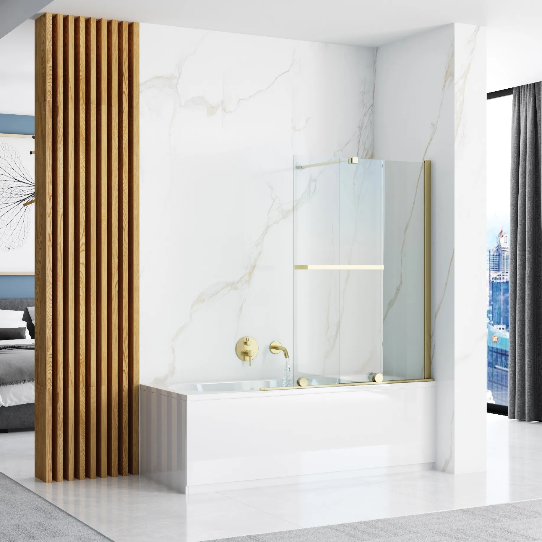 Paravan culisant pentru cadă sticlă transparentă securizată profil auriu mărime 100x140 cm model Fabian Gold [2]