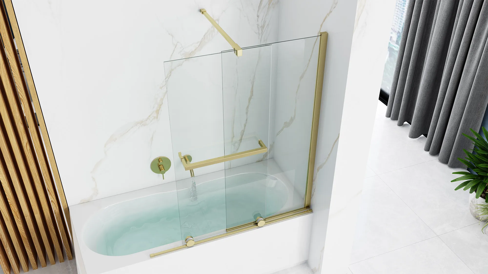 Paravan culisant pentru cadă sticlă transparentă securizată profil auriu mărime 100x140 cm model Fabian Gold [5]