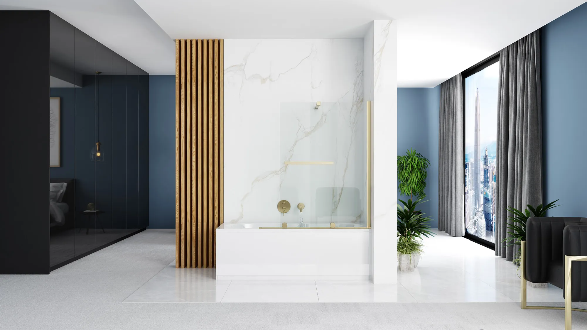 Paravan culisant pentru cadă sticlă transparentă securizată profil auriu mărime 100x140 cm model Fabian Gold [3]
