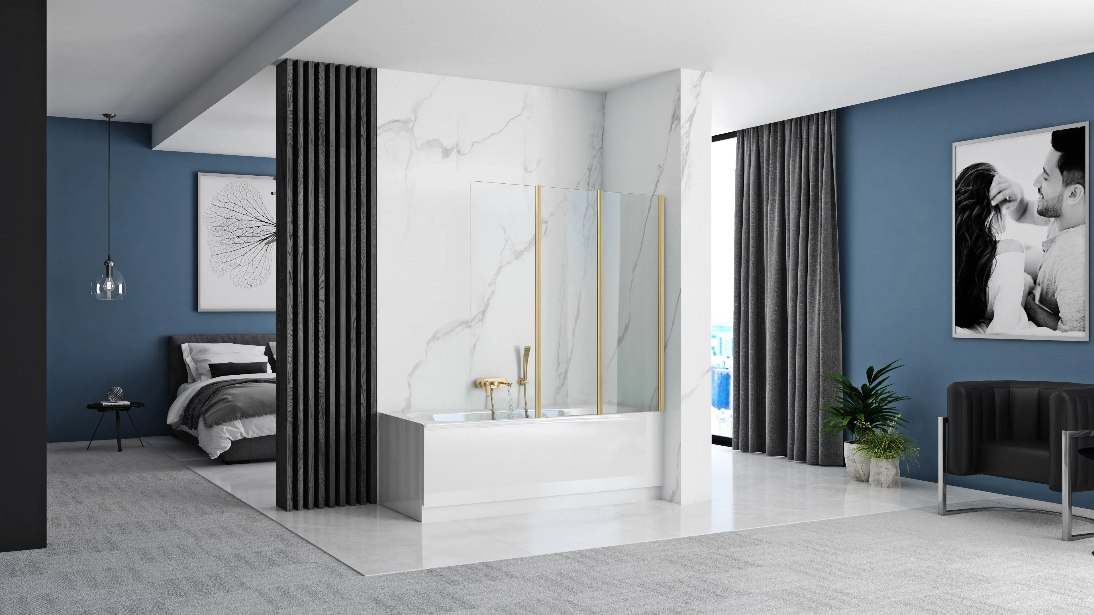 Paravan pliabil pentru cadă sticlă transparentă securizată profil auriu periat mărime 120x140 cm model Agat Brush Gold [2]