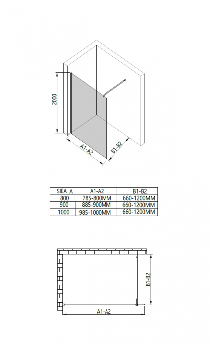 Perete de duș Walk-In mărime 80 cm culoare profil negru sticlă securizată transparentă model SD80 [6]