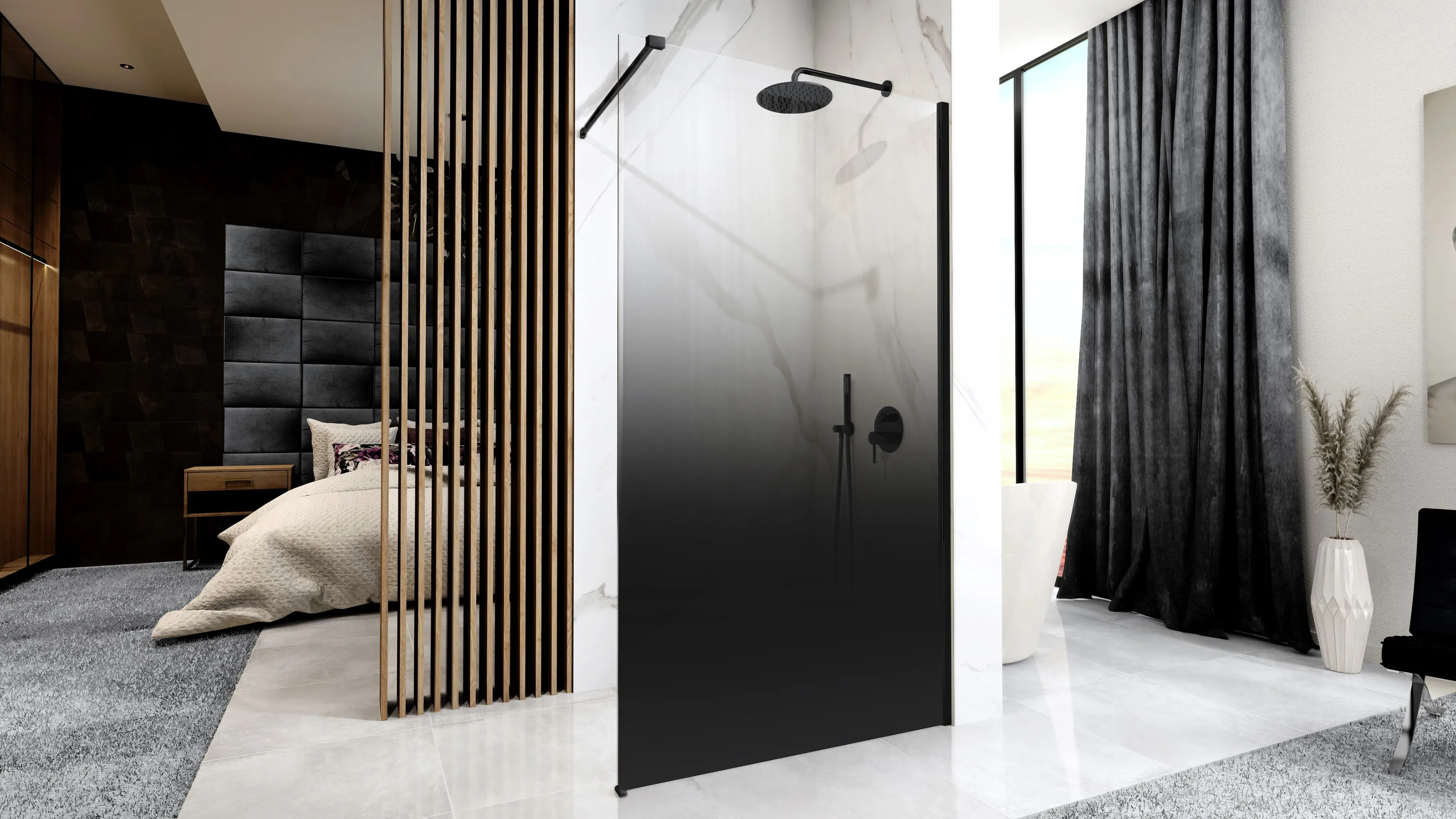 Perete de duș Walk-In mărime 110 cm finisaj negru mat sticlă securizată degrade de 8 mm model Aero Ombre [6]