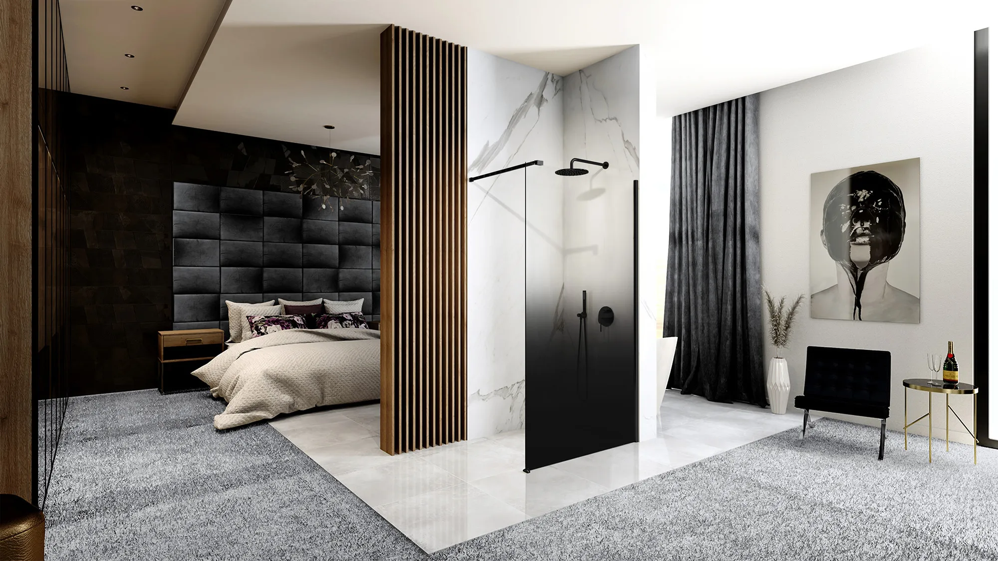 Perete de duș Walk-In mărime 110 cm finisaj negru mat sticlă securizată degrade de 8 mm model Aero Ombre [4]