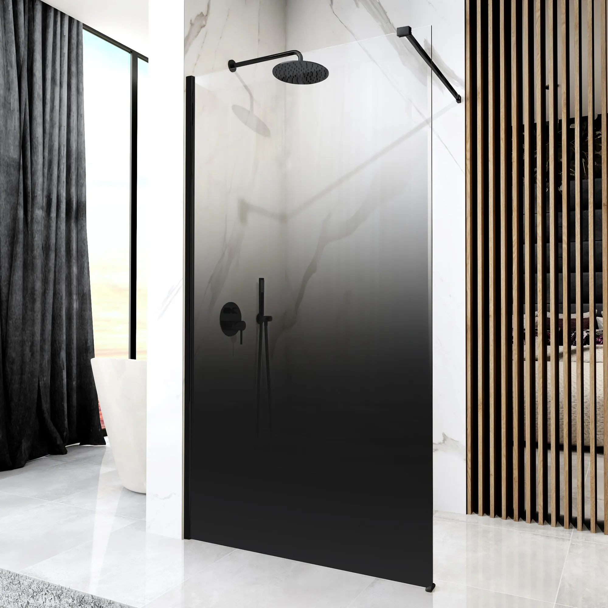 Perete de duș Walk-In mărime 110 cm finisaj negru mat sticlă securizată degrade de 8 mm model Aero Ombre [2]