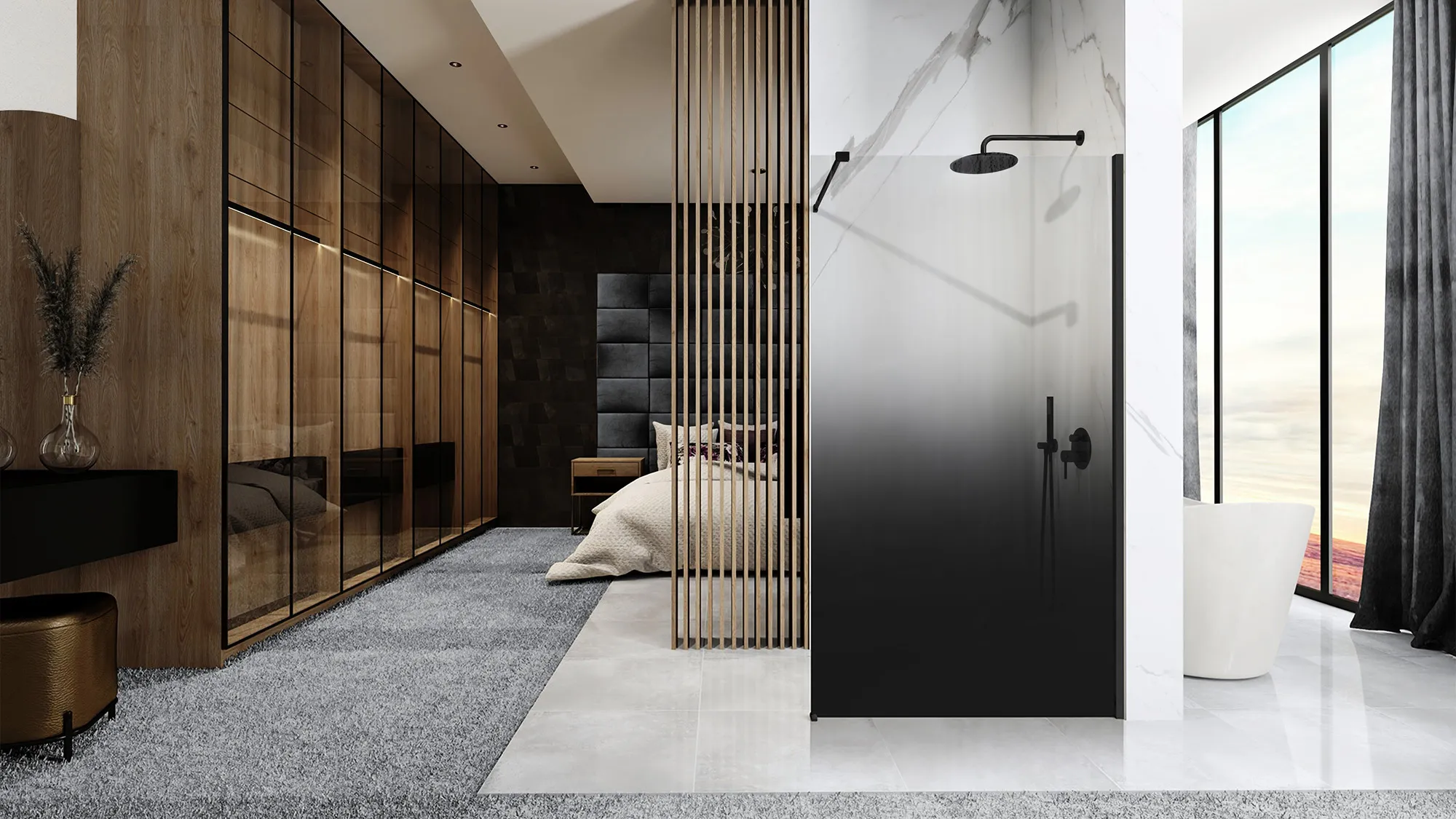 Perete de duș Walk-In mărime 110 cm finisaj negru mat sticlă securizată degrade de 8 mm model Aero Ombre [5]