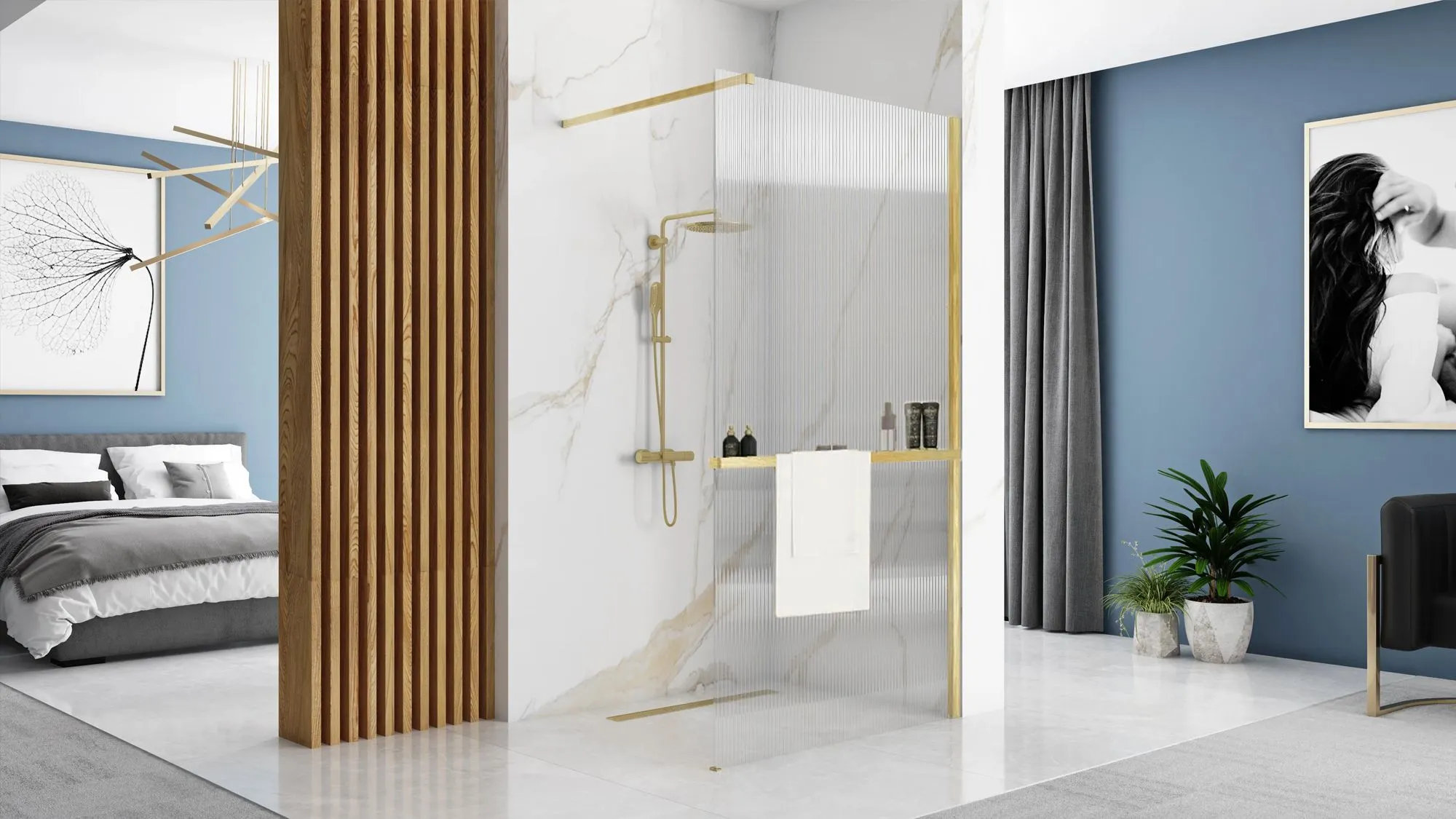 Perete de duș Walk-In mărime 90 cm + suport prosop EVO culoare auriu periat sticlă securizată transparentă Aero Intimo Gold Brush [2]