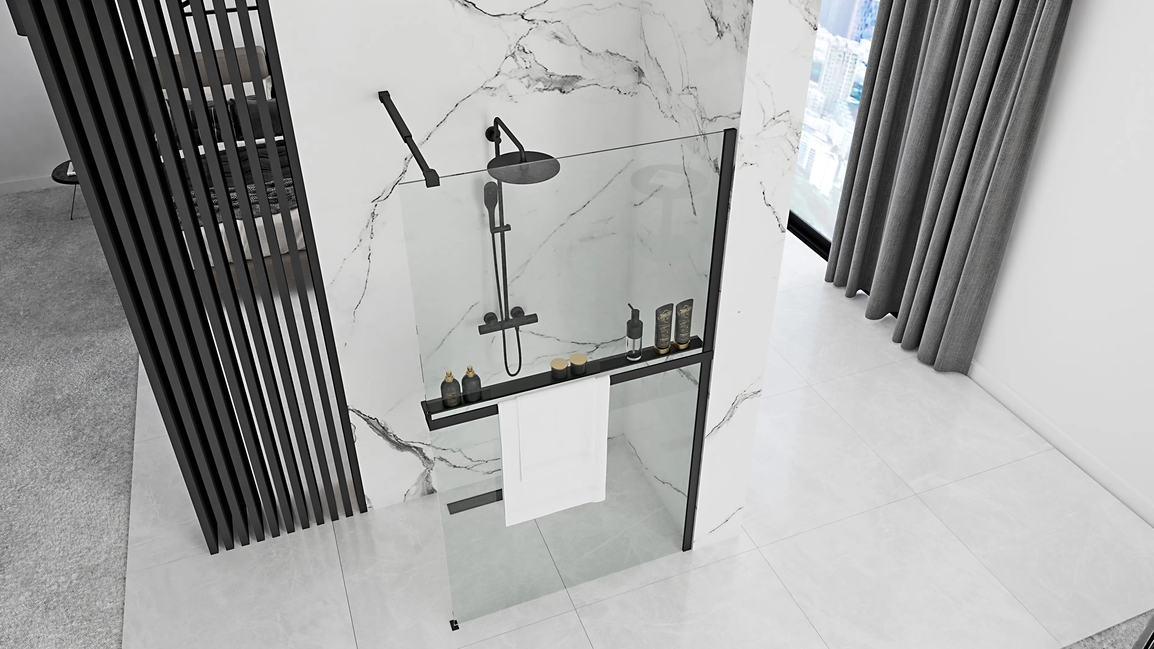 Perete de duș Walk-In mărime 80 cm + suport prosop EVO culoare negru mat sticlă securizată transparentă Aero Black Mat [4]