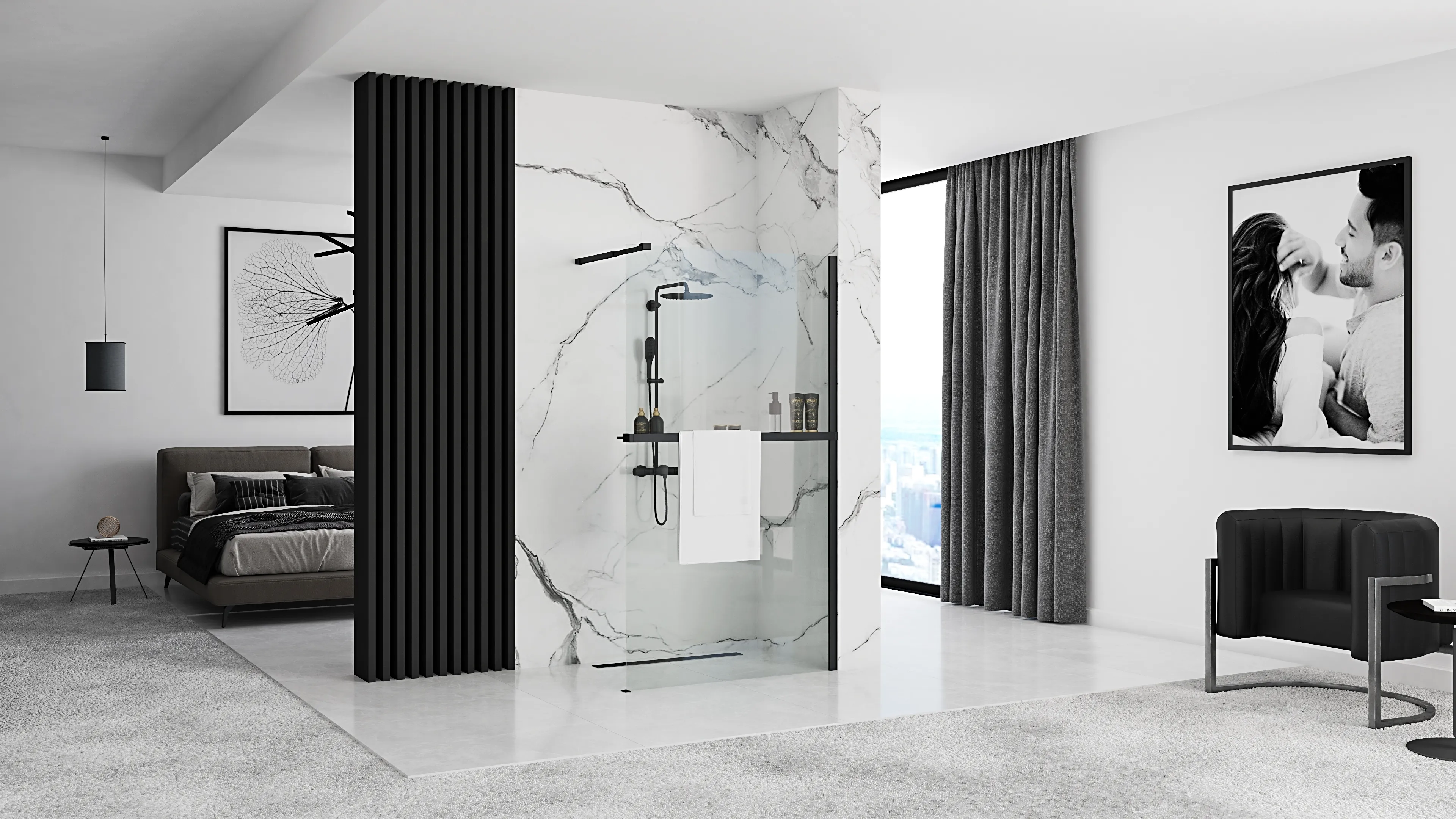 Perete de duș Walk-In mărime 80 cm + suport prosop EVO culoare negru mat sticlă securizată transparentă Aero Black Mat [3]