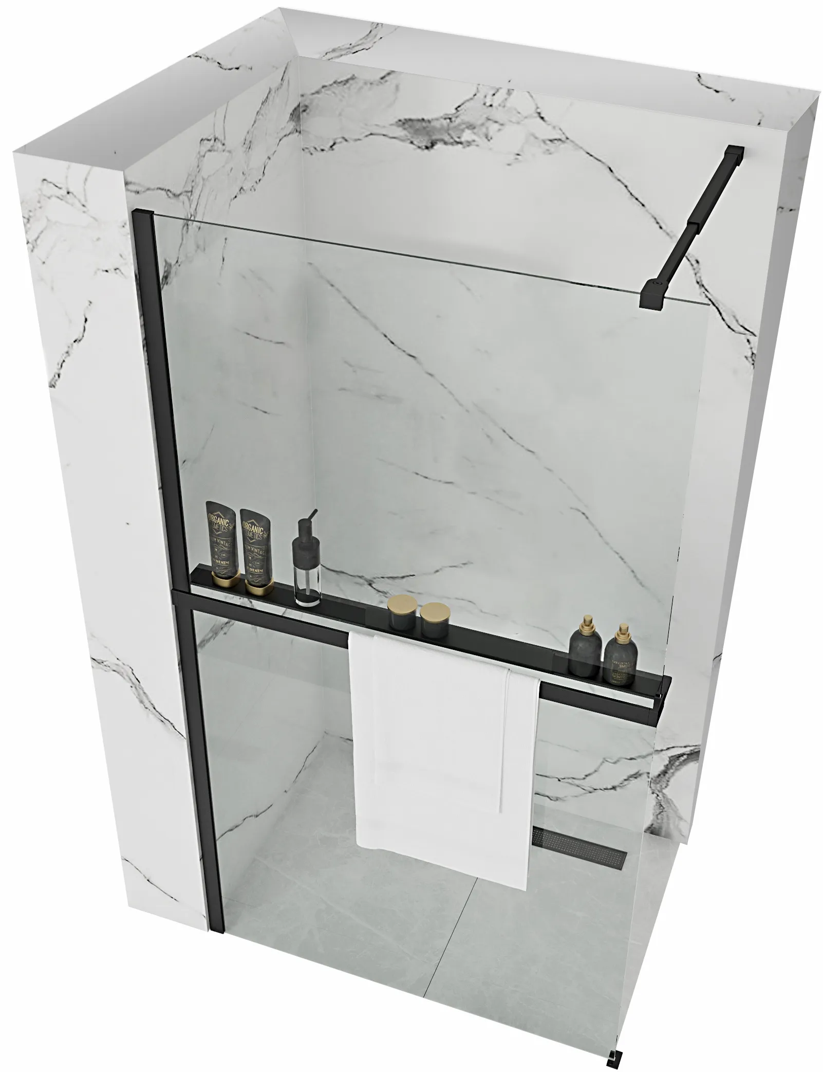 Perete de duș Walk-In mărime 80 cm + suport prosop EVO culoare negru mat sticlă securizată transparentă Aero Black Mat [1]